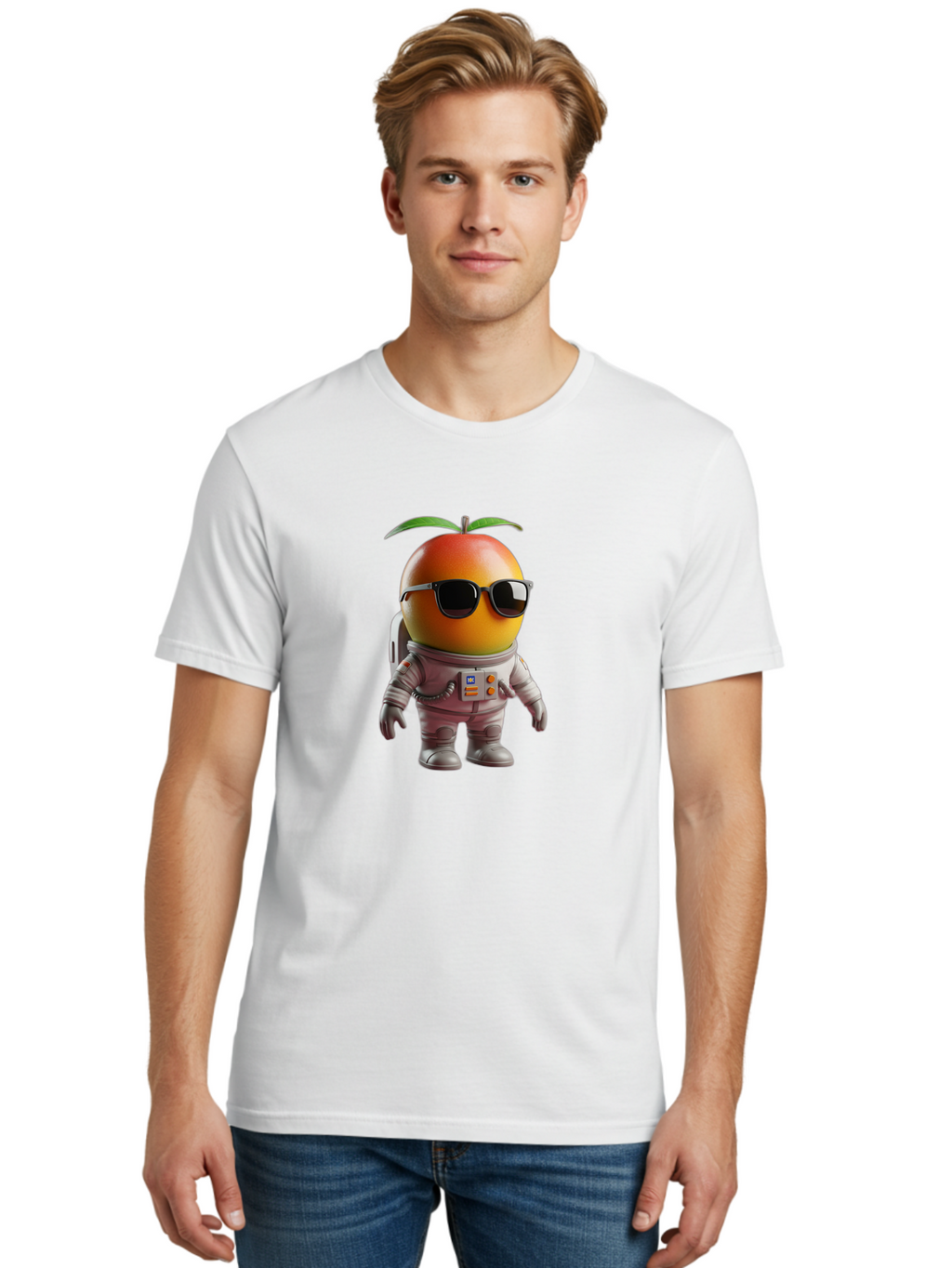 Astronaut-Peach Men'S Graphic Tee, 100% Cotton, Comfortable Casual Summer Wear, Machine Washable, Mango Astronaut, Space Suit, Trendy Shades, Cartoon Character, Orange Fruit, Astronaut Costume, Futuristic Design, Cool Glasses, Space Adventure, Bab653