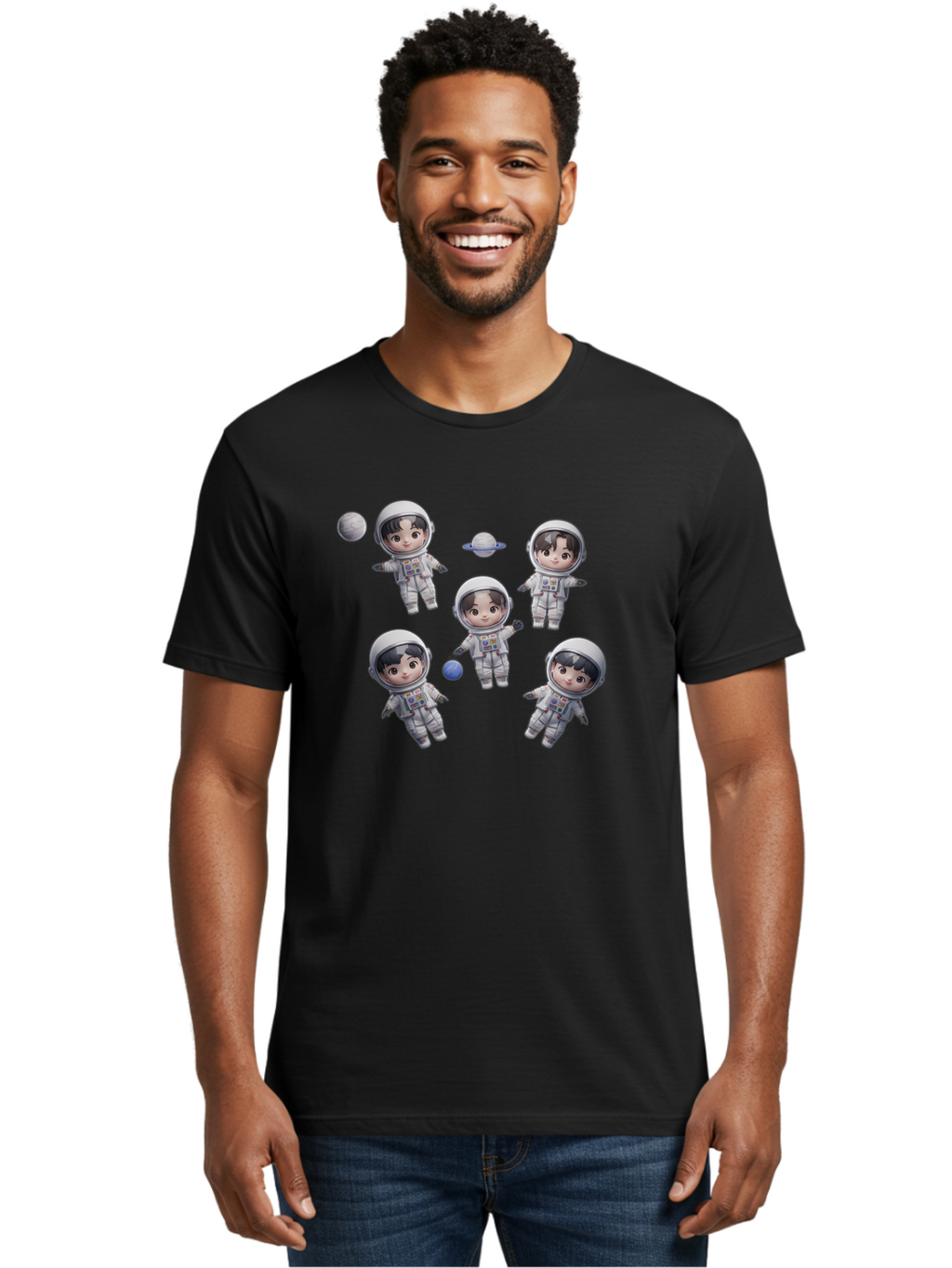 Astronauts-And-Planets Men'S Graphic Tee, 100% Cotton, Comfortable Casual Summer Wear, Machine Washable, Cartoon Astronauts, Children In Space Suits, Space Exploration, Planetary Bodies, Kawaii Art, Celestial Adventure, Animated Characters, Bab654