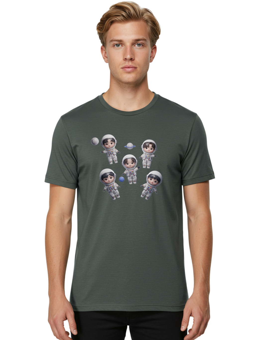 Astronauts-And-Planets Men'S Graphic Tee, 100% Cotton, Comfortable Casual Summer Wear, Machine Washable, Cartoon Astronauts, Children In Space Suits, Space Exploration, Planetary Bodies, Kawaii Art, Celestial Adventure, Animated Characters, Bab654
