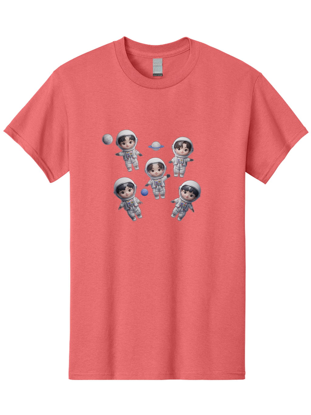 Astronauts-And-Planets Men'S Graphic Tee, 100% Cotton, Comfortable Casual Summer Wear, Machine Washable, Cartoon Astronauts, Children In Space Suits, Space Exploration, Planetary Bodies, Kawaii Art, Celestial Adventure, Animated Characters, Bab654