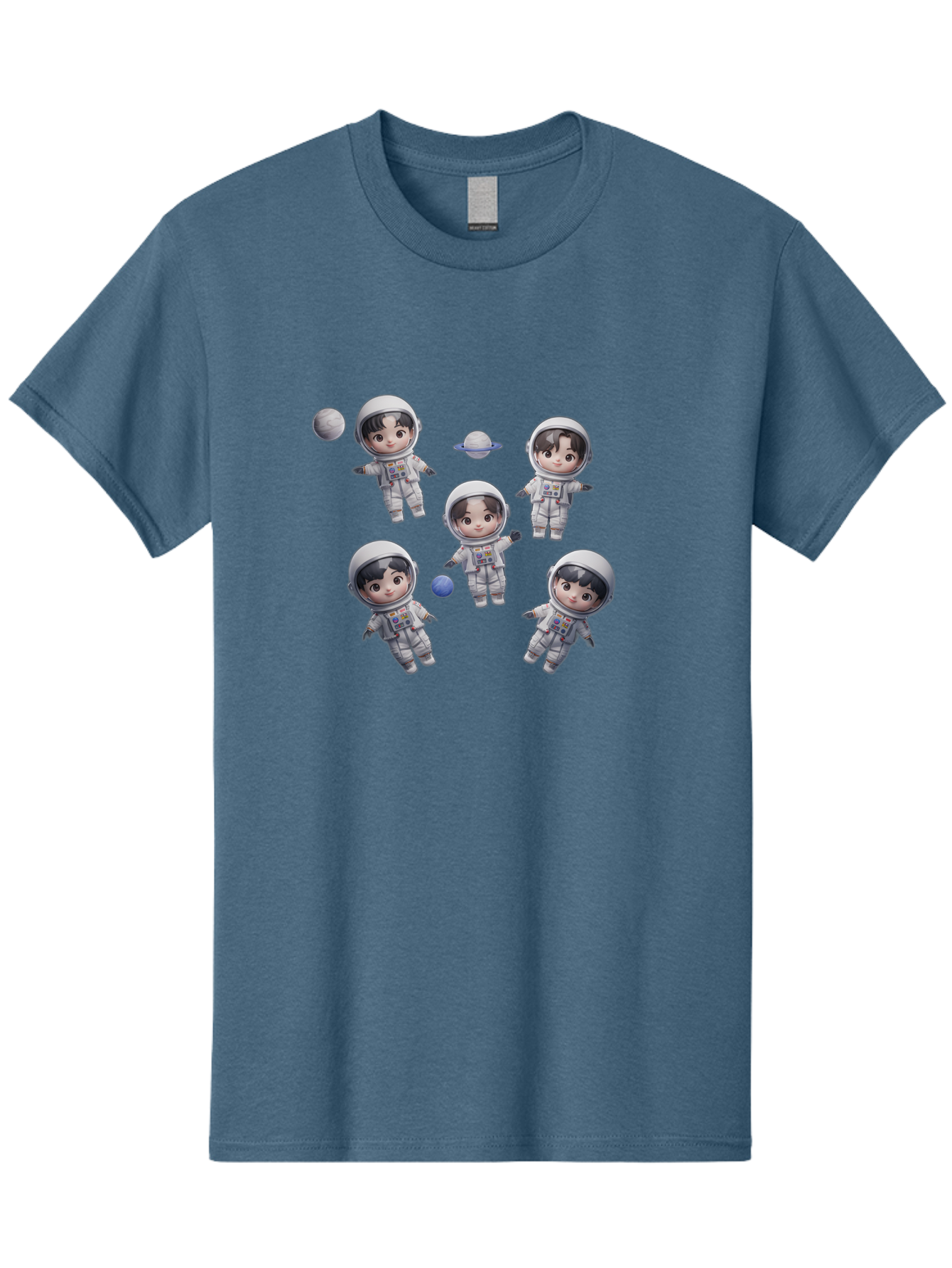 Astronauts-And-Planets Men'S Graphic Tee, 100% Cotton, Comfortable Casual Summer Wear, Machine Washable, Cartoon Astronauts, Children In Space Suits, Space Exploration, Planetary Bodies, Kawaii Art, Celestial Adventure, Animated Characters, Bab654