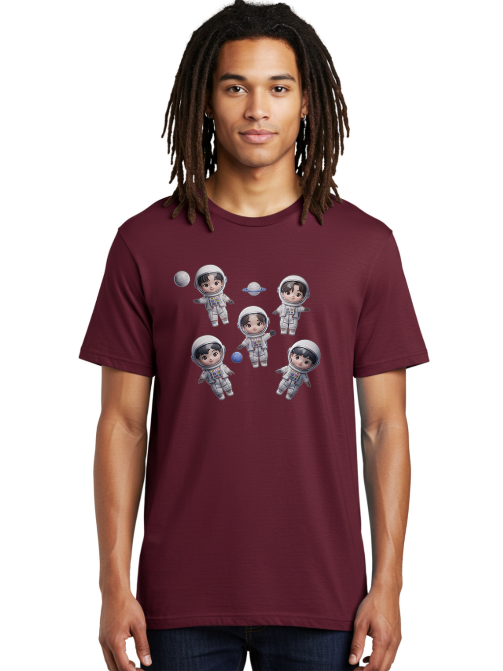 Astronauts-And-Planets Men'S Graphic Tee, 100% Cotton, Comfortable Casual Summer Wear, Machine Washable, Cartoon Astronauts, Children In Space Suits, Space Exploration, Planetary Bodies, Kawaii Art, Celestial Adventure, Animated Characters, Bab654