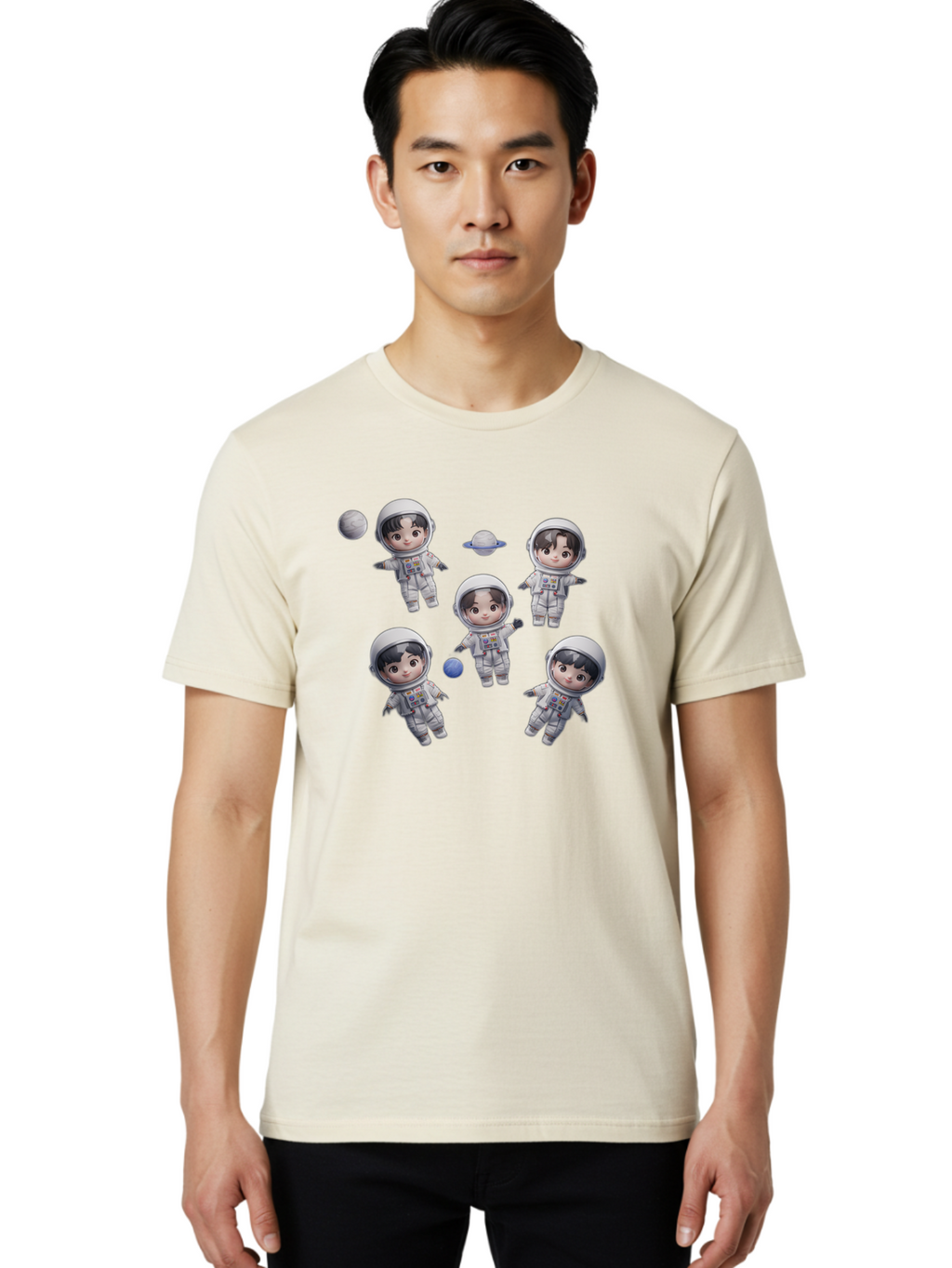 Astronauts-And-Planets Men'S Graphic Tee, 100% Cotton, Comfortable Casual Summer Wear, Machine Washable, Cartoon Astronauts, Children In Space Suits, Space Exploration, Planetary Bodies, Kawaii Art, Celestial Adventure, Animated Characters, Bab654