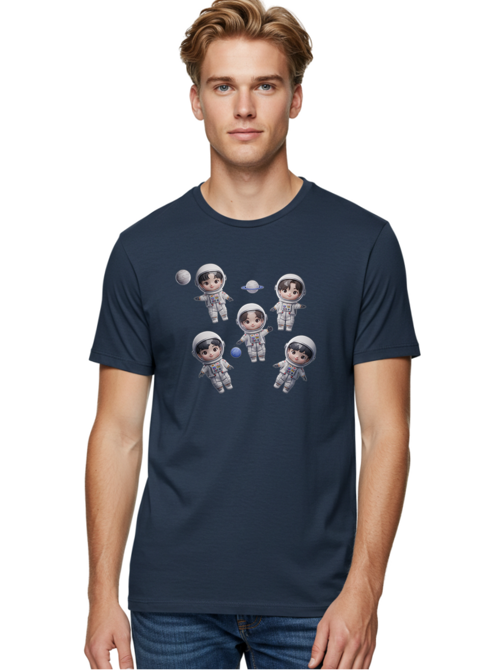 Astronauts-And-Planets Men'S Graphic Tee, 100% Cotton, Comfortable Casual Summer Wear, Machine Washable, Cartoon Astronauts, Children In Space Suits, Space Exploration, Planetary Bodies, Kawaii Art, Celestial Adventure, Animated Characters, Bab654