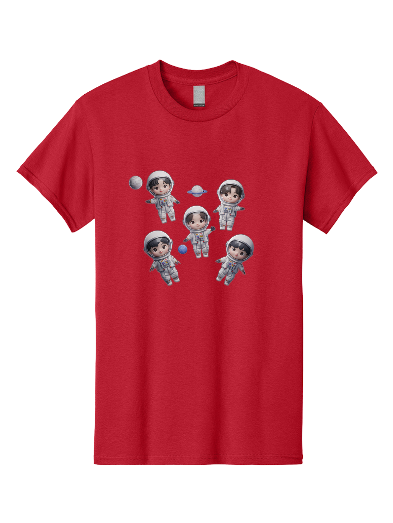 Astronauts-And-Planets Men'S Graphic Tee, 100% Cotton, Comfortable Casual Summer Wear, Machine Washable, Cartoon Astronauts, Children In Space Suits, Space Exploration, Planetary Bodies, Kawaii Art, Celestial Adventure, Animated Characters, Bab654