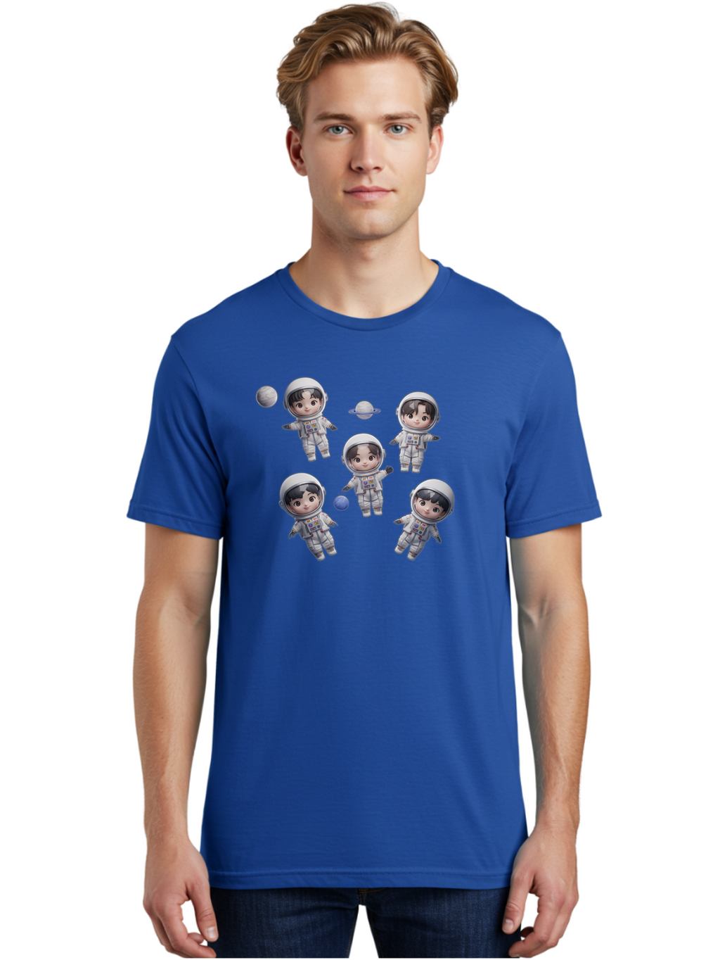 Astronauts-And-Planets Men'S Graphic Tee, 100% Cotton, Comfortable Casual Summer Wear, Machine Washable, Cartoon Astronauts, Children In Space Suits, Space Exploration, Planetary Bodies, Kawaii Art, Celestial Adventure, Animated Characters, Bab654