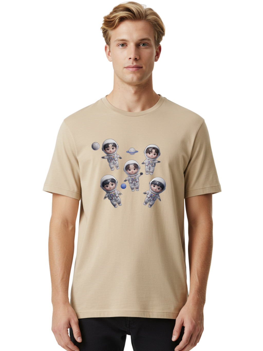 Astronauts-And-Planets Men'S Graphic Tee, 100% Cotton, Comfortable Casual Summer Wear, Machine Washable, Cartoon Astronauts, Children In Space Suits, Space Exploration, Planetary Bodies, Kawaii Art, Celestial Adventure, Animated Characters, Bab654