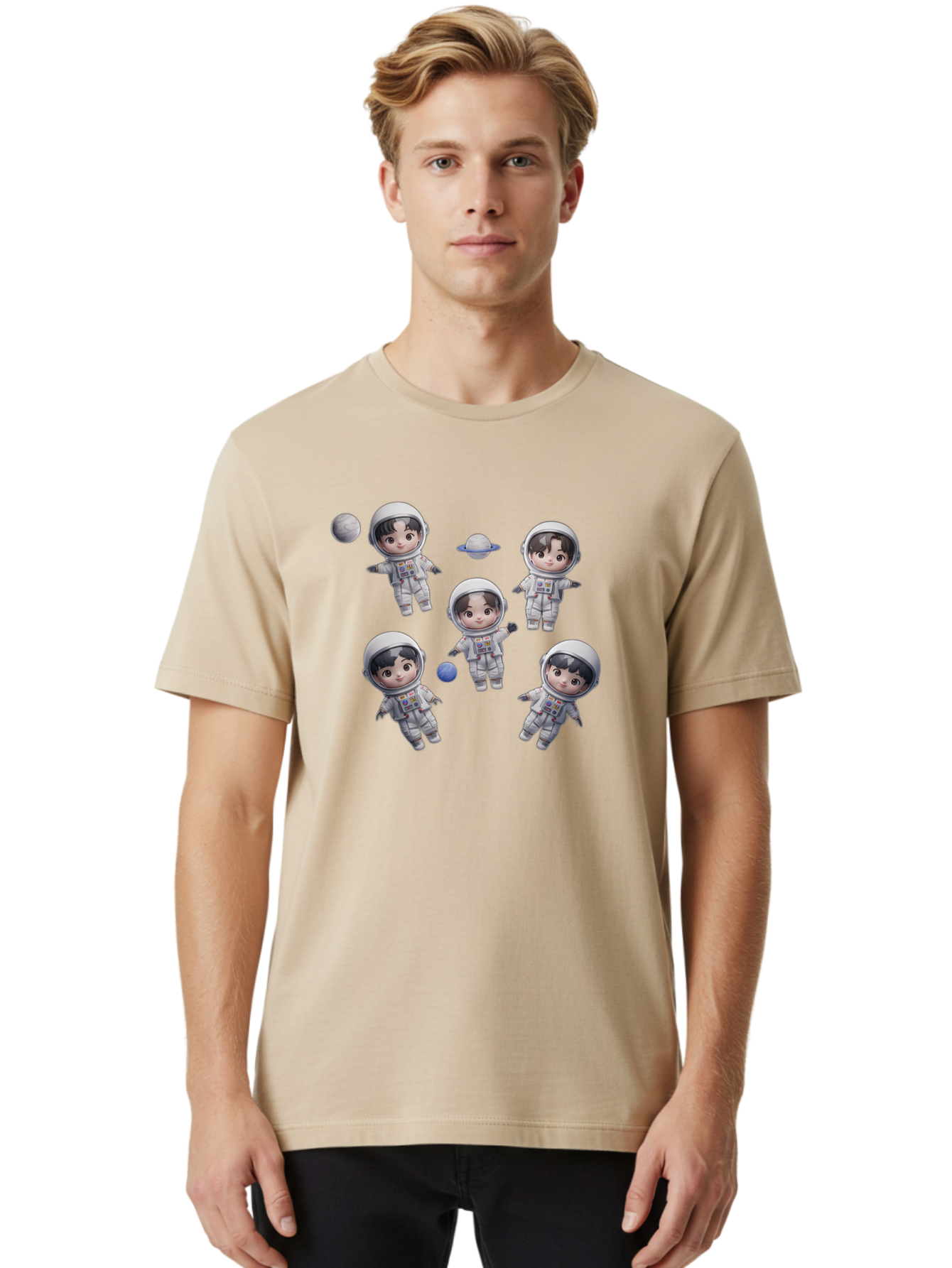 Astronauts-And-Planets Men'S Graphic Tee, 100% Cotton, Comfortable Casual Summer Wear, Machine Washable, Cartoon Astronauts, Children In Space Suits, Space Exploration, Planetary Bodies, Kawaii Art, Celestial Adventure, Animated Characters, Bab654