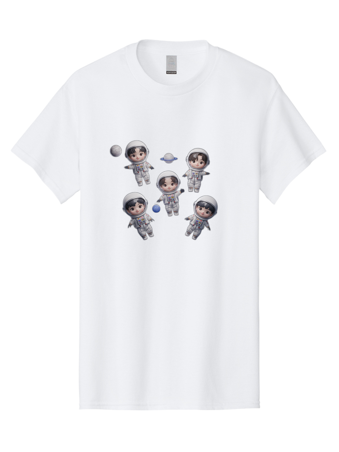 Astronauts-And-Planets Men'S Graphic Tee, 100% Cotton, Comfortable Casual Summer Wear, Machine Washable, Cartoon Astronauts, Children In Space Suits, Space Exploration, Planetary Bodies, Kawaii Art, Celestial Adventure, Animated Characters, Bab654
