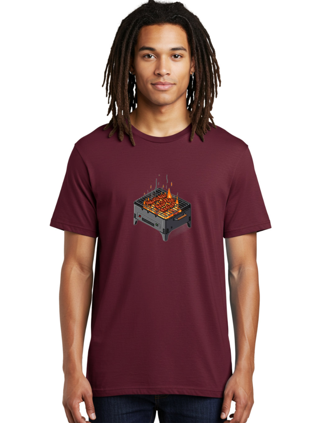 Barbecue-Grill-1 Men'S Graphic Tee, 100% Cotton, Comfortable Casual Summer Wear, Machine Washable, Barbecue Grill, Grilled Meat, Skewers, Flames, Outdoor Cooking, Delicious Food, Savory Dishes, Appetizing Meal, Grilled Vegetables, Bab655