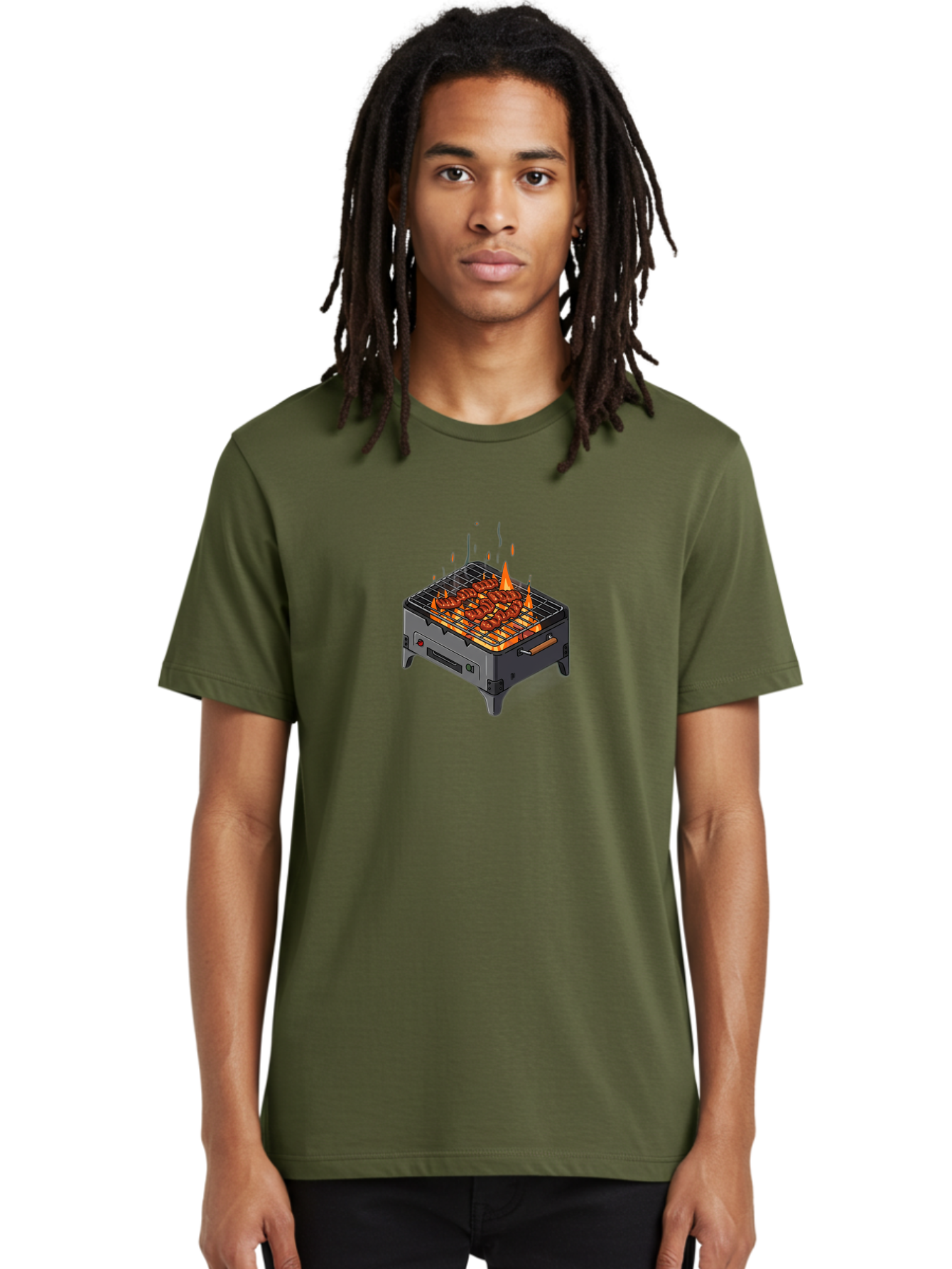 Barbecue-Grill-1 Men'S Graphic Tee, 100% Cotton, Comfortable Casual Summer Wear, Machine Washable, Barbecue Grill, Grilled Meat, Skewers, Flames, Outdoor Cooking, Delicious Food, Savory Dishes, Appetizing Meal, Grilled Vegetables, Bab655