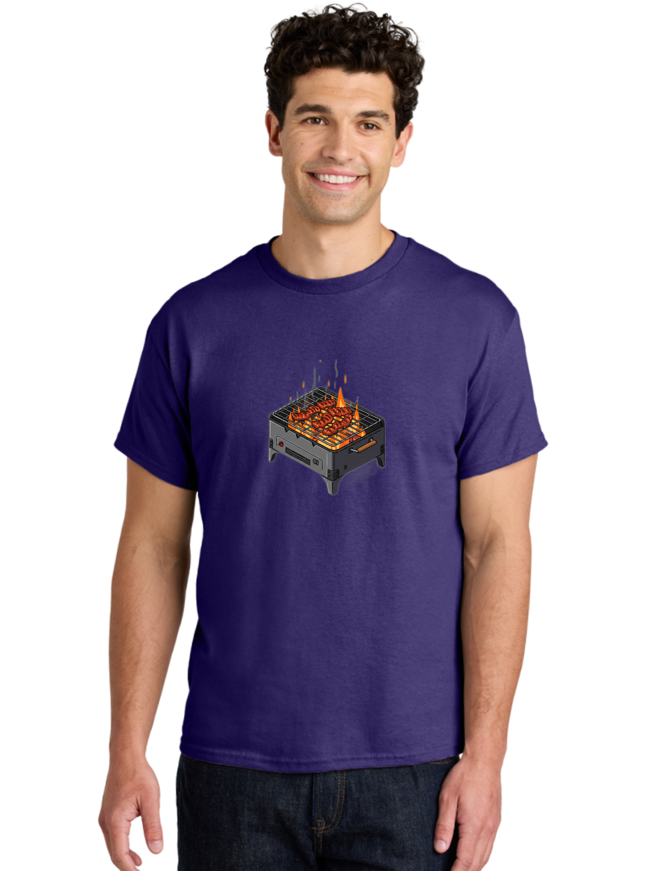 Barbecue-Grill-1 Men'S Graphic Tee, 100% Cotton, Comfortable Casual Summer Wear, Machine Washable, Barbecue Grill, Grilled Meat, Skewers, Flames, Outdoor Cooking, Delicious Food, Savory Dishes, Appetizing Meal, Grilled Vegetables, Bab655