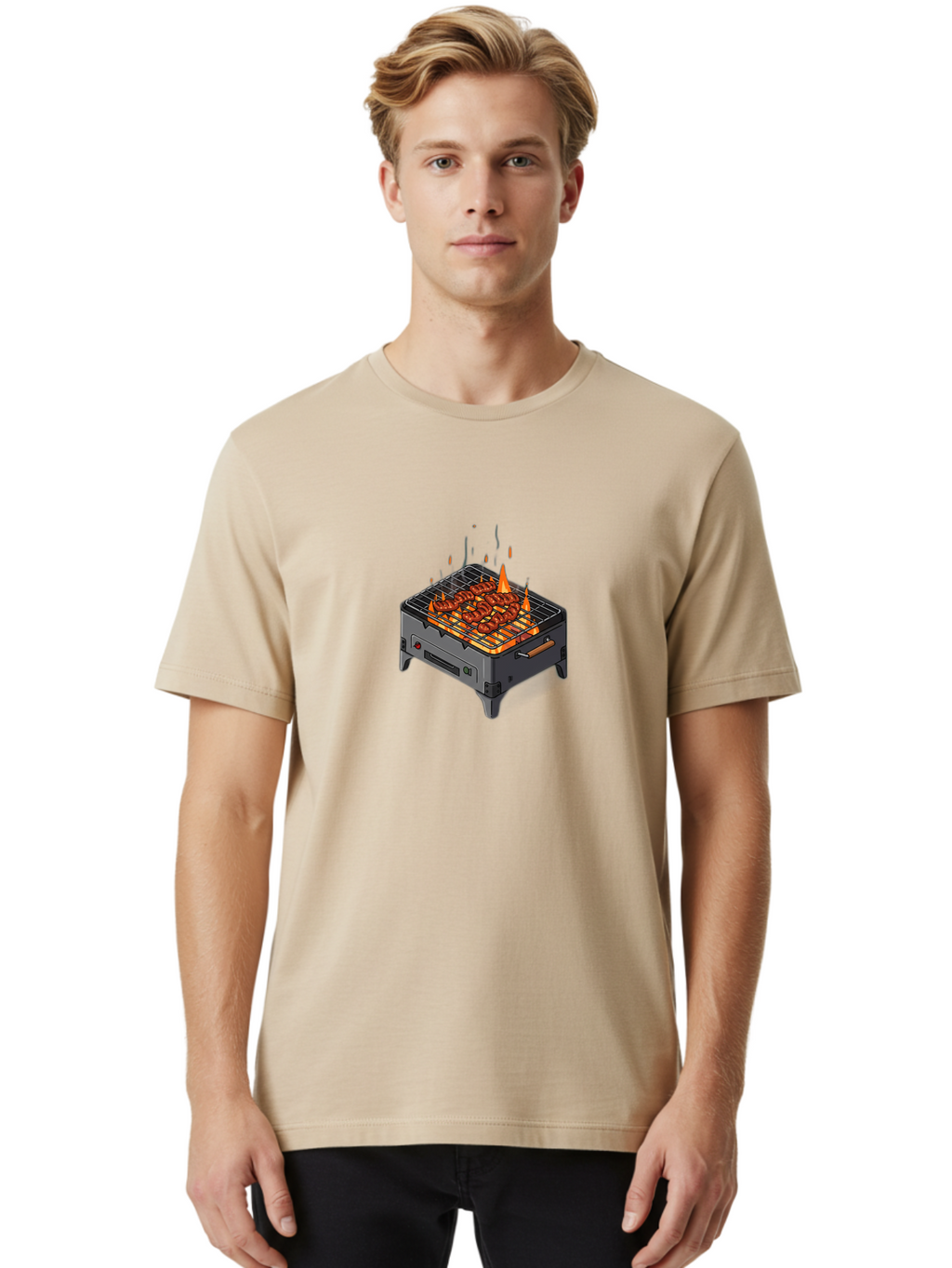 Barbecue-Grill-1 Men'S Graphic Tee, 100% Cotton, Comfortable Casual Summer Wear, Machine Washable, Barbecue Grill, Grilled Meat, Skewers, Flames, Outdoor Cooking, Delicious Food, Savory Dishes, Appetizing Meal, Grilled Vegetables, Bab655
