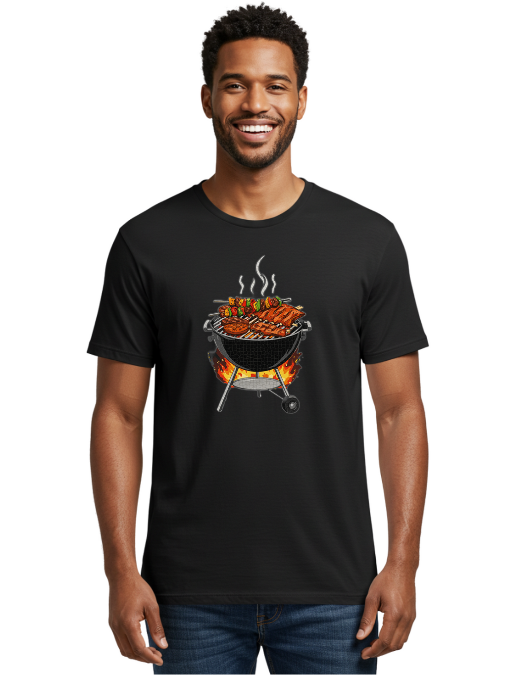 Barbecue-Grill-2 Men'S Graphic Tee, 100% Cotton, Comfortable Casual Summer Wear, Machine Washable, Barbecue Grill, Grilled Ribs, Kebabs, Skewers, Vegetables, Meat, Outdoor Cooking, Summer Food, Grill Marks, Smoky Flavor, Foodie, Backyard Bbq Bab656