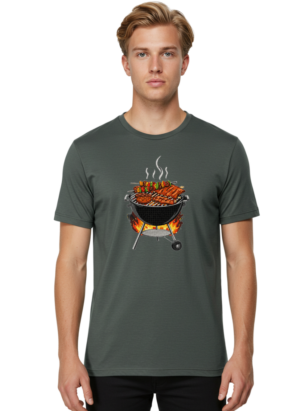Barbecue-Grill-2 Men'S Graphic Tee, 100% Cotton, Comfortable Casual Summer Wear, Machine Washable, Barbecue Grill, Grilled Ribs, Kebabs, Skewers, Vegetables, Meat, Outdoor Cooking, Summer Food, Grill Marks, Smoky Flavor, Foodie, Backyard Bbq Bab656
