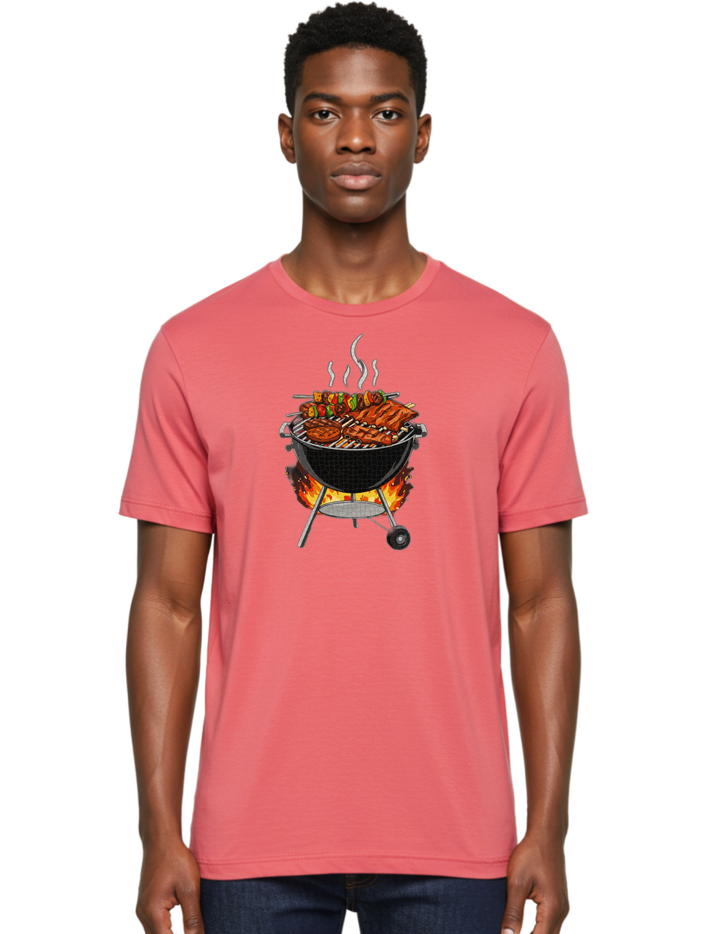 Barbecue-Grill-2 Men'S Graphic Tee, 100% Cotton, Comfortable Casual Summer Wear, Machine Washable, Barbecue Grill, Grilled Ribs, Kebabs, Skewers, Vegetables, Meat, Outdoor Cooking, Summer Food, Grill Marks, Smoky Flavor, Foodie, Backyard Bbq Bab656