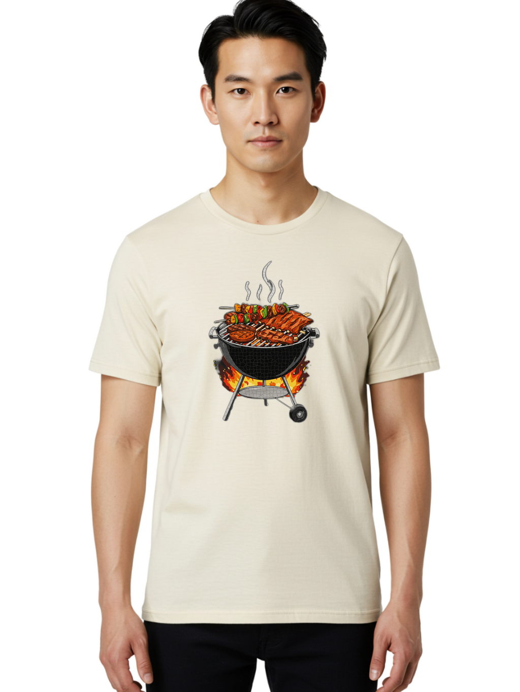 Barbecue-Grill-2 Men'S Graphic Tee, 100% Cotton, Comfortable Casual Summer Wear, Machine Washable, Barbecue Grill, Grilled Ribs, Kebabs, Skewers, Vegetables, Meat, Outdoor Cooking, Summer Food, Grill Marks, Smoky Flavor, Foodie, Backyard Bbq Bab656