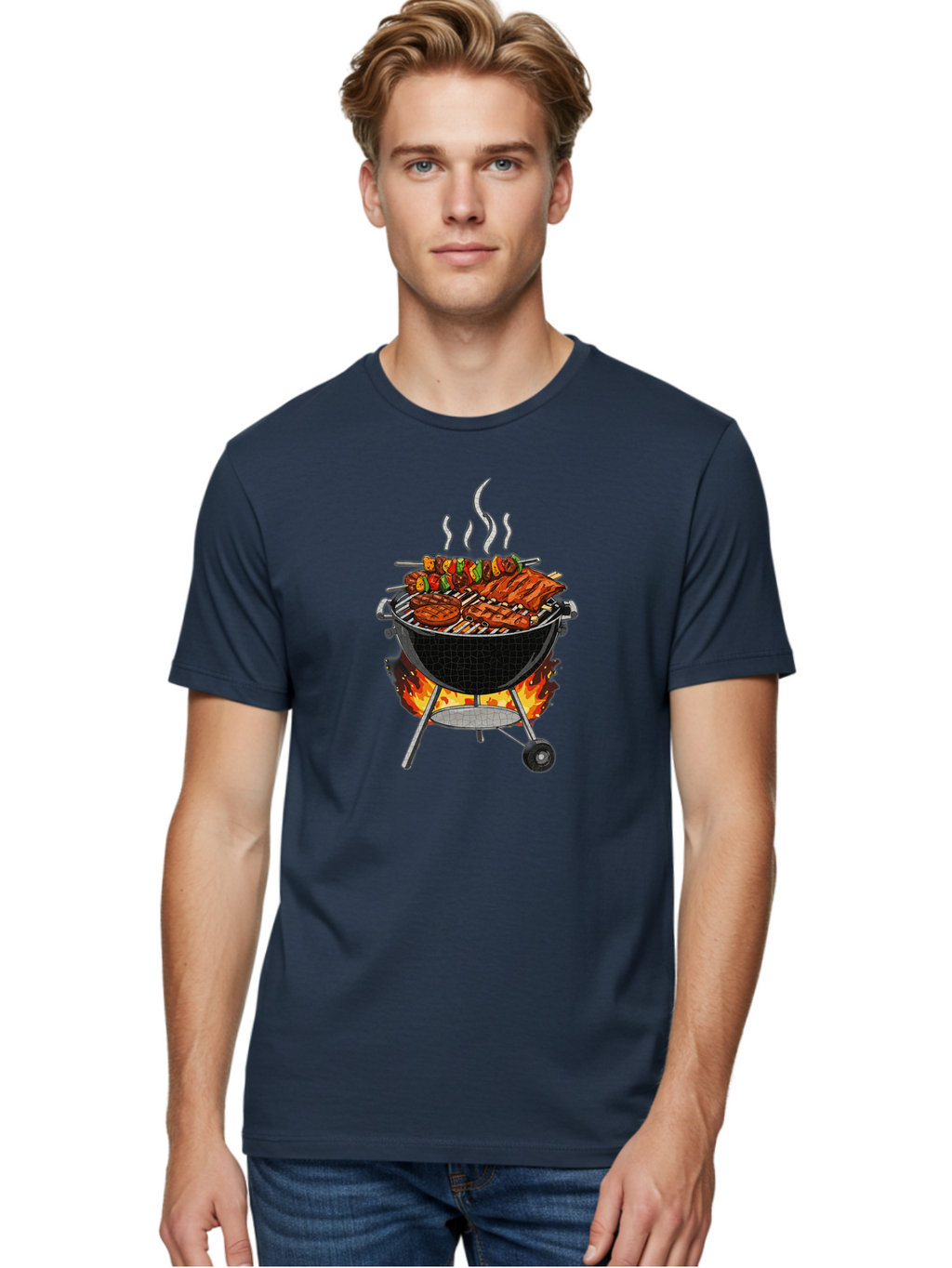 Barbecue-Grill-2 Men'S Graphic Tee, 100% Cotton, Comfortable Casual Summer Wear, Machine Washable, Barbecue Grill, Grilled Ribs, Kebabs, Skewers, Vegetables, Meat, Outdoor Cooking, Summer Food, Grill Marks, Smoky Flavor, Foodie, Backyard Bbq Bab656
