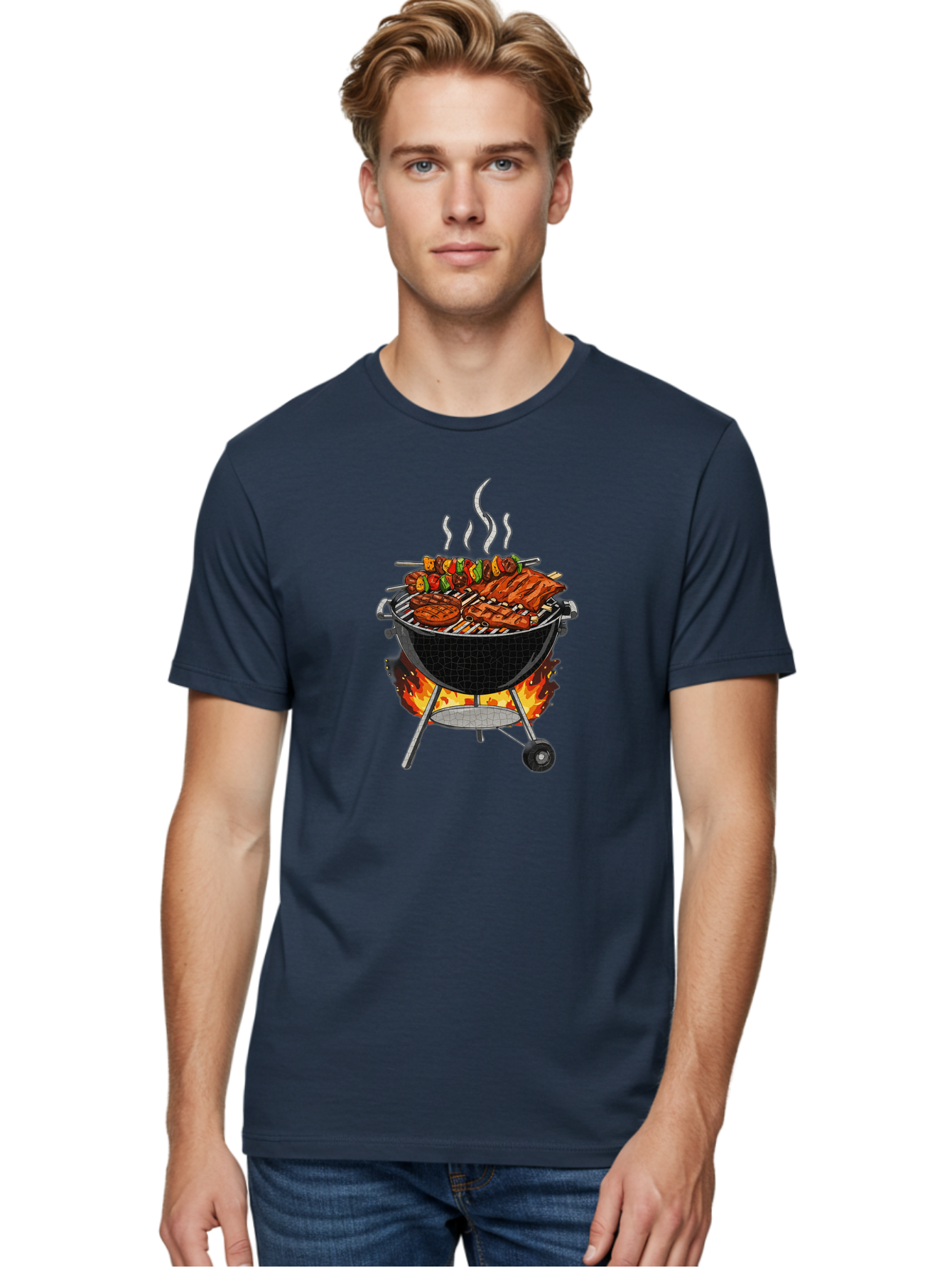 Barbecue-Grill-2 Men'S Graphic Tee, 100% Cotton, Comfortable Casual Summer Wear, Machine Washable, Barbecue Grill, Grilled Ribs, Kebabs, Skewers, Vegetables, Meat, Outdoor Cooking, Summer Food, Grill Marks, Smoky Flavor, Foodie, Backyard Bbq Bab656