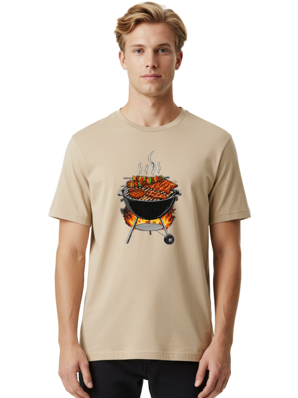 Barbecue-Grill-2 Men'S Graphic Tee, 100% Cotton, Comfortable Casual Summer Wear, Machine Washable, Barbecue Grill, Grilled Ribs, Kebabs, Skewers, Vegetables, Meat, Outdoor Cooking, Summer Food, Grill Marks, Smoky Flavor, Foodie, Backyard Bbq Bab656