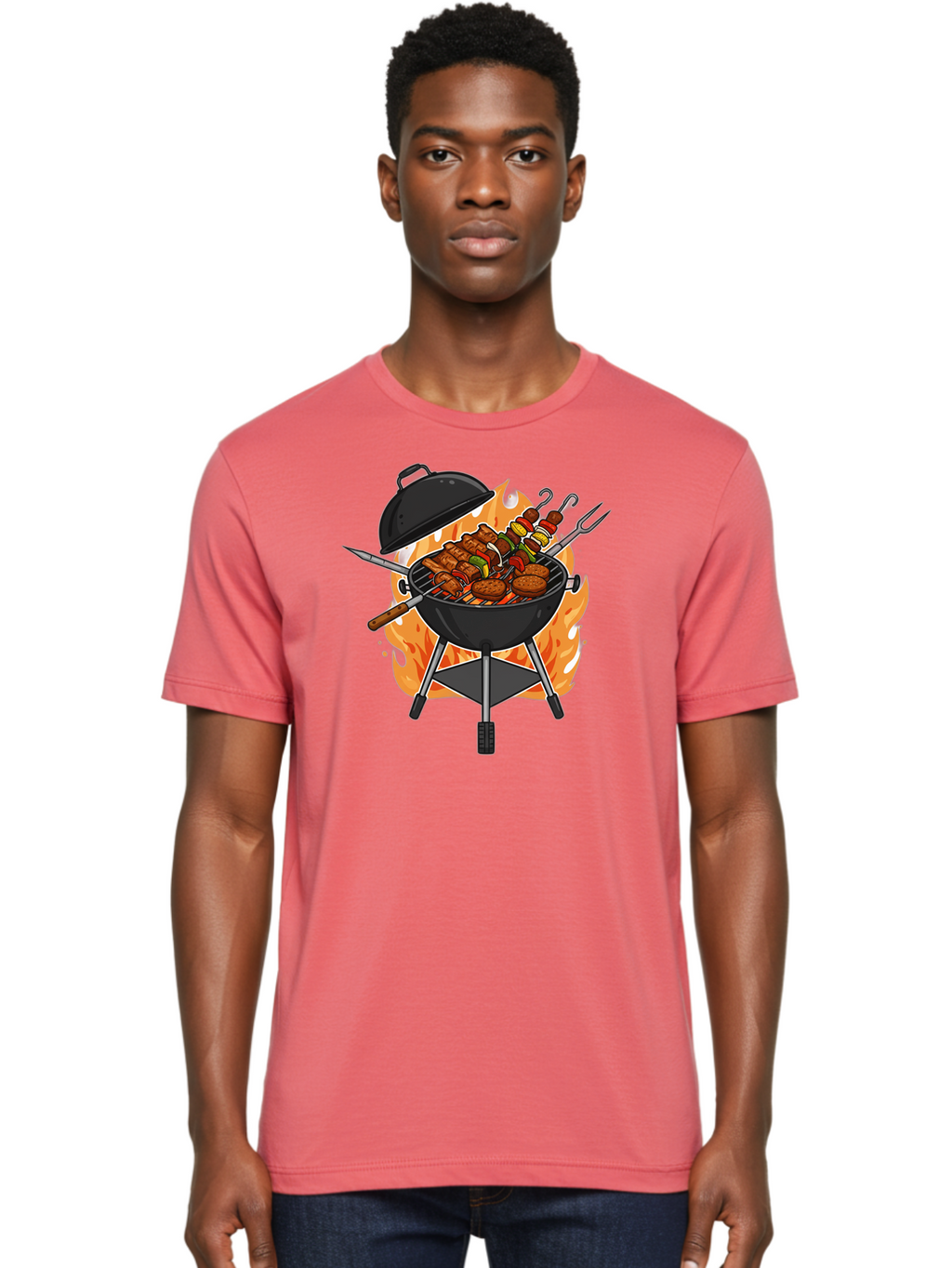 Barbecue-Grill-3 Men'S Graphic Tee, 100% Cotton, Comfortable Casual Summer Wear, Machine Washable, Barbecue Grill, Grilled Food, Skewers, Burgers, Sausages, Outdoor Cooking, Barbecue Party, Summer Fun, Delicious Food, Fire, Culinary Delights Bab657