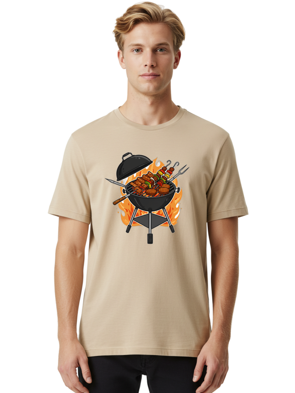 Barbecue-Grill-3 Men'S Graphic Tee, 100% Cotton, Comfortable Casual Summer Wear, Machine Washable, Barbecue Grill, Grilled Food, Skewers, Burgers, Sausages, Outdoor Cooking, Barbecue Party, Summer Fun, Delicious Food, Fire, Culinary Delights Bab657