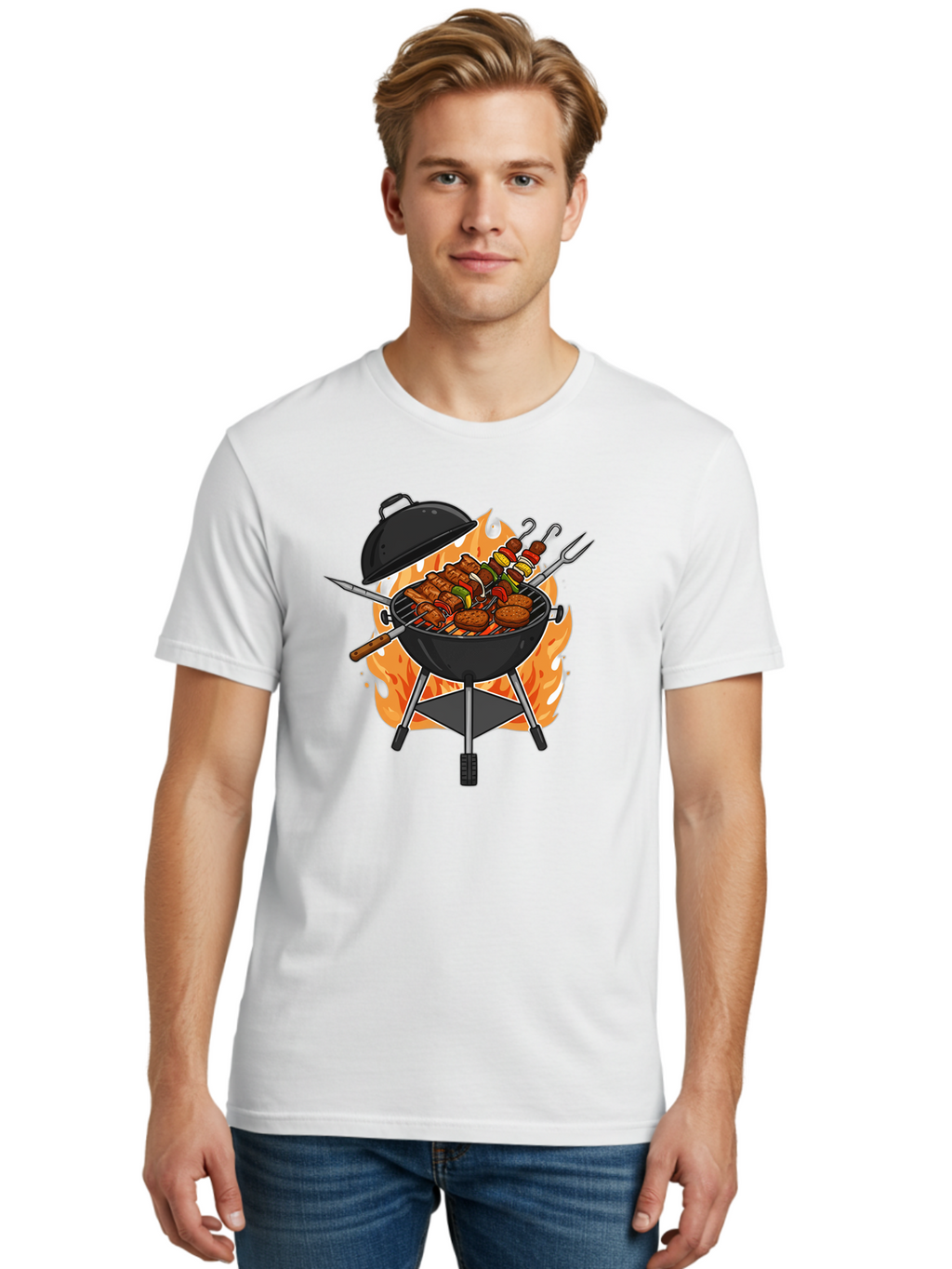 Barbecue-Grill-3 Men'S Graphic Tee, 100% Cotton, Comfortable Casual Summer Wear, Machine Washable, Barbecue Grill, Grilled Food, Skewers, Burgers, Sausages, Outdoor Cooking, Barbecue Party, Summer Fun, Delicious Food, Fire, Culinary Delights Bab657