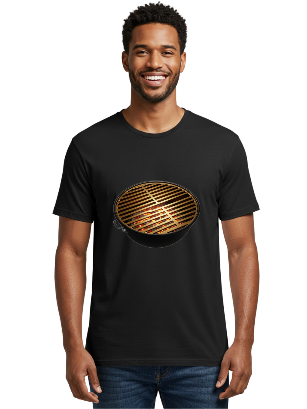 Barbecue-Grill-7 Men'S Graphic Tee, 100% Cotton, Comfortable Casual Summer Wear, Machine Washable, Barbecue Grill, Black Metal, Gold Grill Grates, Glowing Coals, Outdoor Cooking, Grill Marks, Barbecue Accessories, Grill Master Bab661