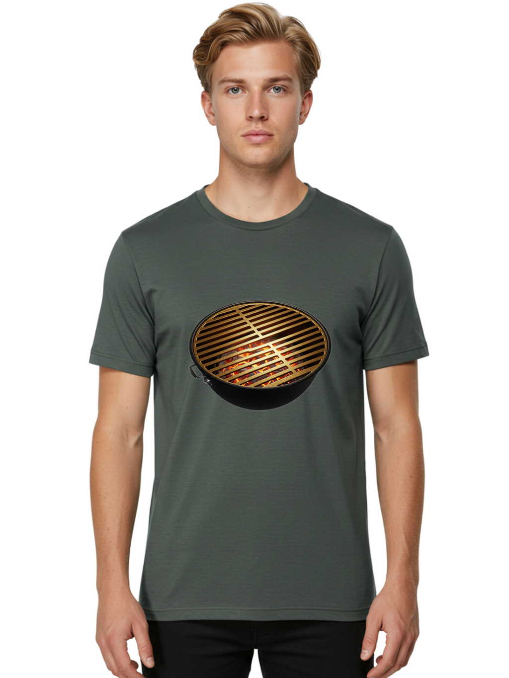 Barbecue-Grill-7 Men'S Graphic Tee, 100% Cotton, Comfortable Casual Summer Wear, Machine Washable, Barbecue Grill, Black Metal, Gold Grill Grates, Glowing Coals, Outdoor Cooking, Grill Marks, Barbecue Accessories, Grill Master Bab661