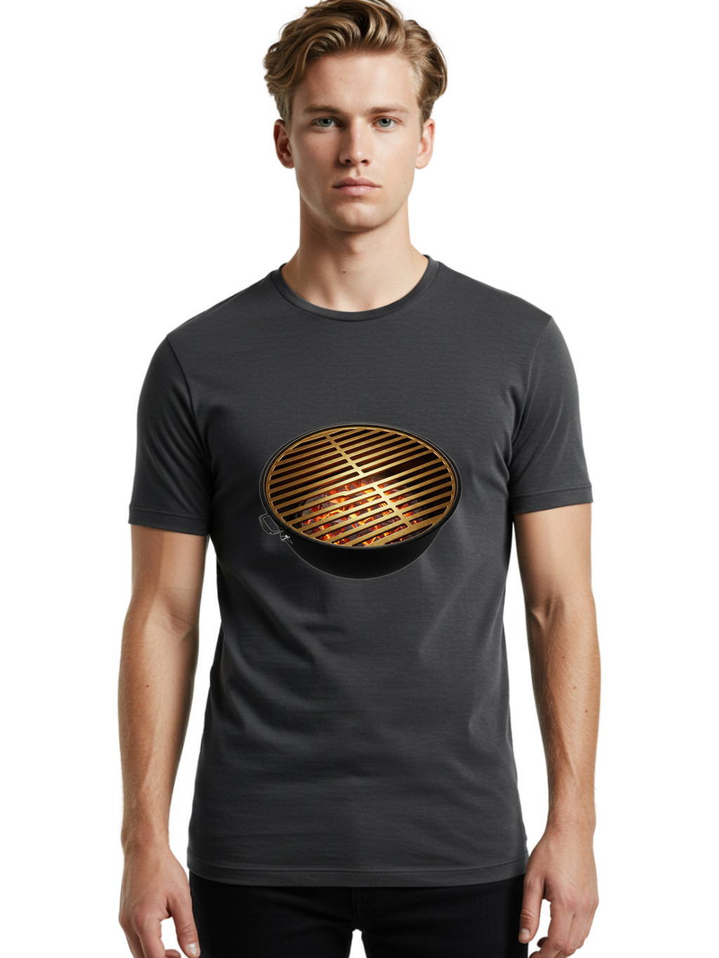 Barbecue-Grill-7 Men'S Graphic Tee, 100% Cotton, Comfortable Casual Summer Wear, Machine Washable, Barbecue Grill, Black Metal, Gold Grill Grates, Glowing Coals, Outdoor Cooking, Grill Marks, Barbecue Accessories, Grill Master Bab661