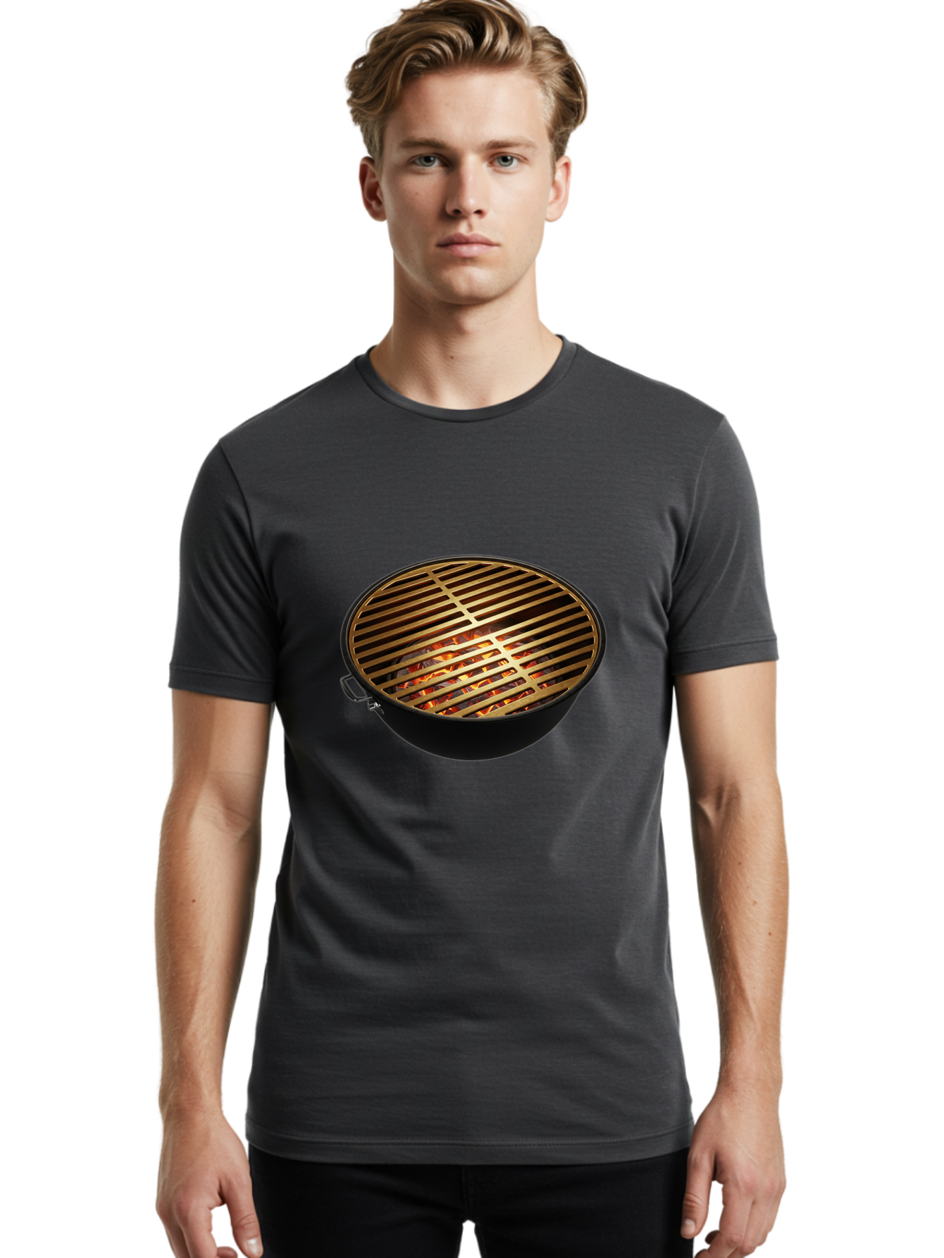 Barbecue-Grill-7 Men'S Graphic Tee, 100% Cotton, Comfortable Casual Summer Wear, Machine Washable, Barbecue Grill, Black Metal, Gold Grill Grates, Glowing Coals, Outdoor Cooking, Grill Marks, Barbecue Accessories, Grill Master Bab661