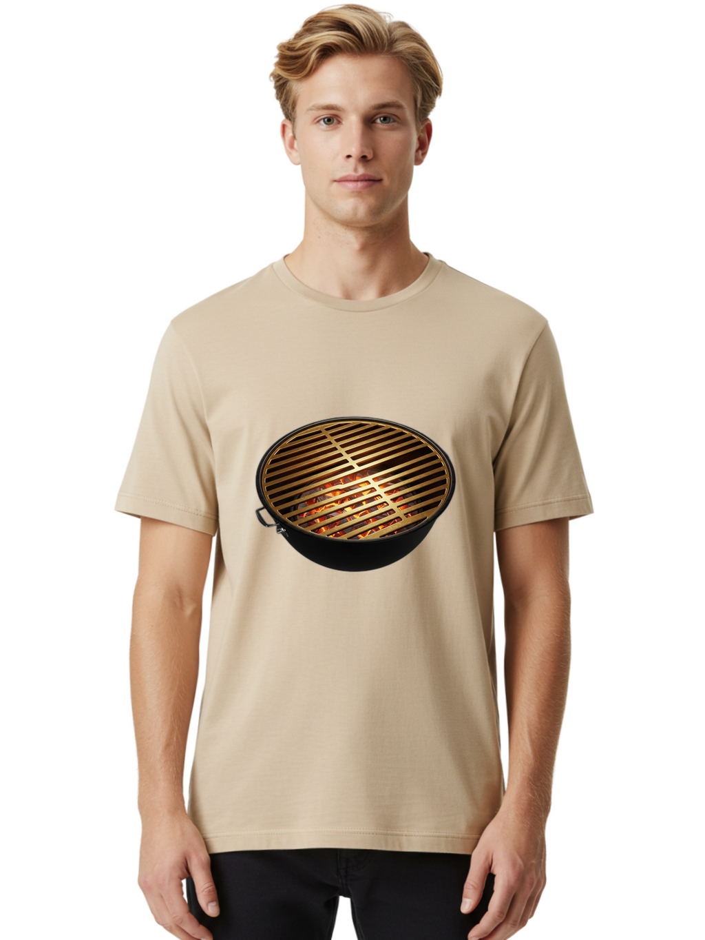 Barbecue-Grill-7 Men'S Graphic Tee, 100% Cotton, Comfortable Casual Summer Wear, Machine Washable, Barbecue Grill, Black Metal, Gold Grill Grates, Glowing Coals, Outdoor Cooking, Grill Marks, Barbecue Accessories, Grill Master Bab661