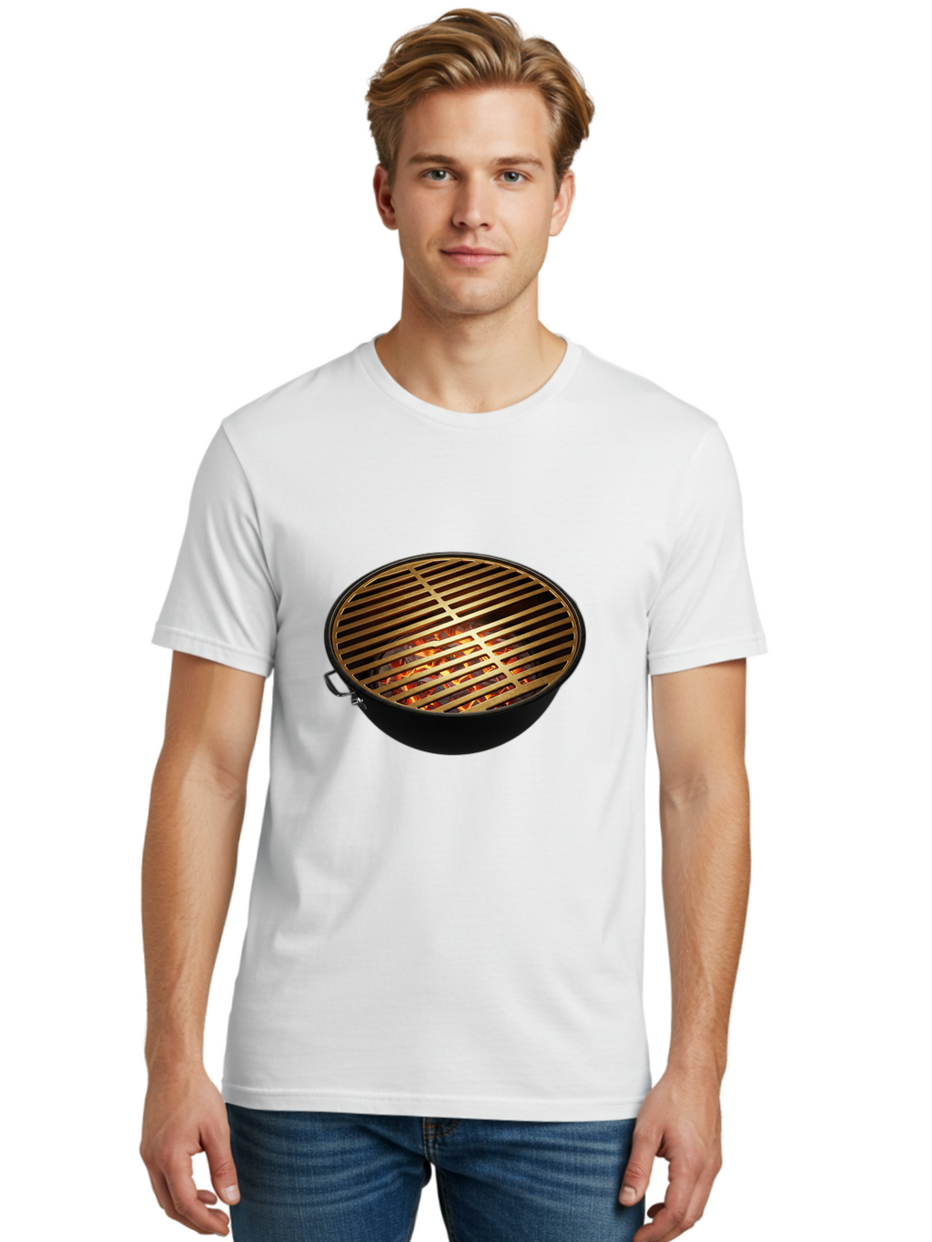 Barbecue-Grill-7 Men'S Graphic Tee, 100% Cotton, Comfortable Casual Summer Wear, Machine Washable, Barbecue Grill, Black Metal, Gold Grill Grates, Glowing Coals, Outdoor Cooking, Grill Marks, Barbecue Accessories, Grill Master Bab661