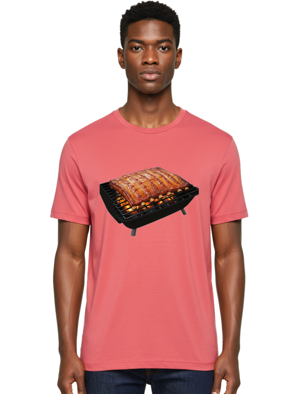 Barbecue-Ribs Men'S Graphic Tee, 100% Cotton, Comfortable Casual Summer Wear, Machine Washable, Barbecue Ribs, Grilled Meat, Barbecue Sauce, Outdoor Cooking, Flame Grilled, Gourmet Food, Delicious Ribs, Tender Meat Bab663