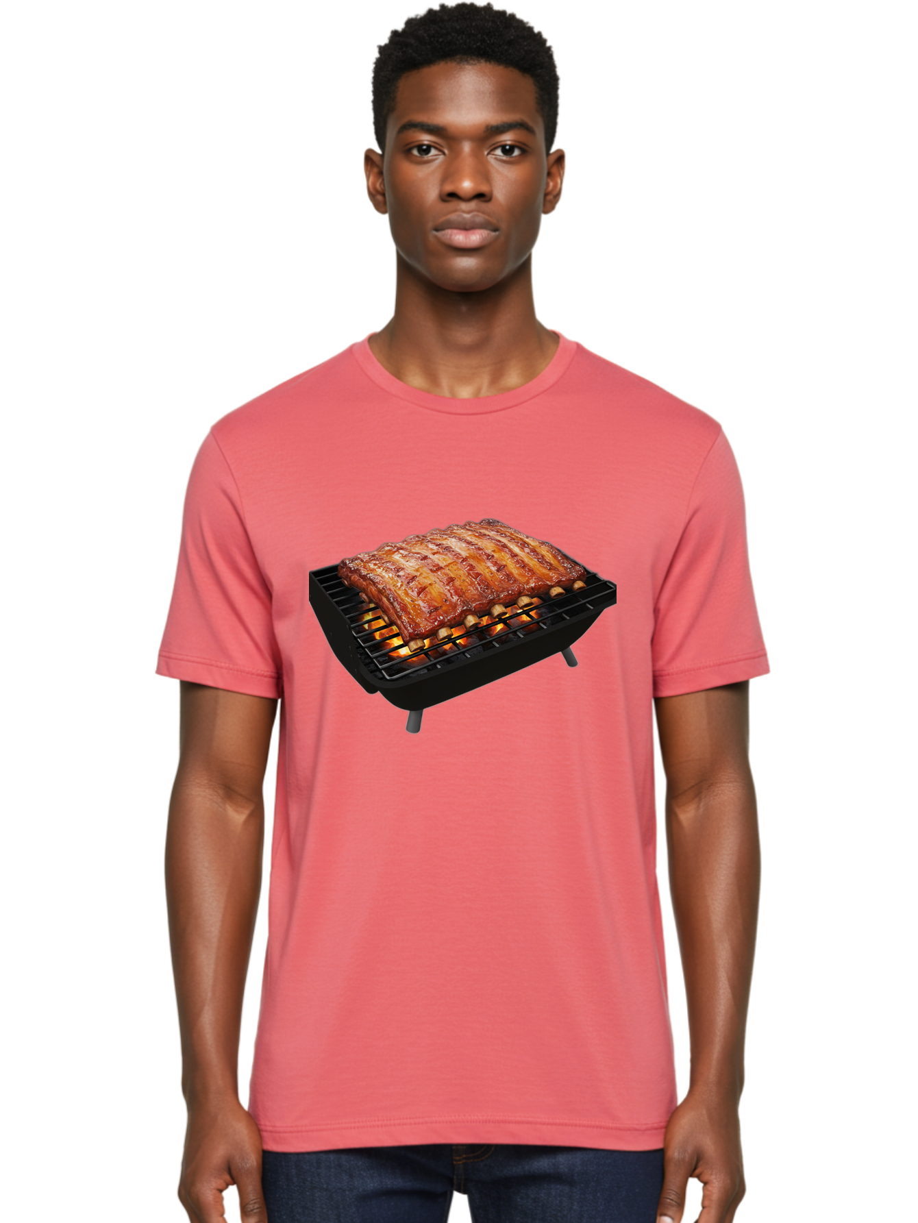 Barbecue-Ribs Men'S Graphic Tee, 100% Cotton, Comfortable Casual Summer Wear, Machine Washable, Barbecue Ribs, Grilled Meat, Barbecue Sauce, Outdoor Cooking, Flame Grilled, Gourmet Food, Delicious Ribs, Tender Meat Bab663