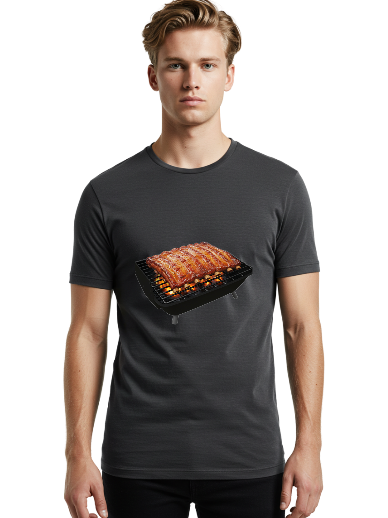 Barbecue-Ribs Men'S Graphic Tee, 100% Cotton, Comfortable Casual Summer Wear, Machine Washable, Barbecue Ribs, Grilled Meat, Barbecue Sauce, Outdoor Cooking, Flame Grilled, Gourmet Food, Delicious Ribs, Tender Meat Bab663