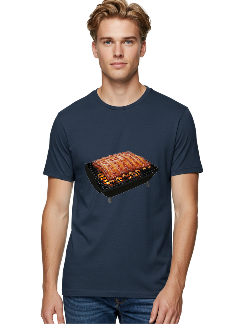 Barbecue-Ribs Men'S Graphic Tee, 100% Cotton, Comfortable Casual Summer Wear, Machine Washable, Barbecue Ribs, Grilled Meat, Barbecue Sauce, Outdoor Cooking, Flame Grilled, Gourmet Food, Delicious Ribs, Tender Meat Bab663