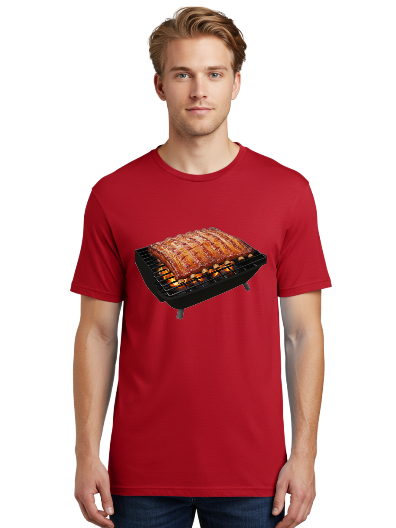Barbecue-Ribs Men'S Graphic Tee, 100% Cotton, Comfortable Casual Summer Wear, Machine Washable, Barbecue Ribs, Grilled Meat, Barbecue Sauce, Outdoor Cooking, Flame Grilled, Gourmet Food, Delicious Ribs, Tender Meat Bab663