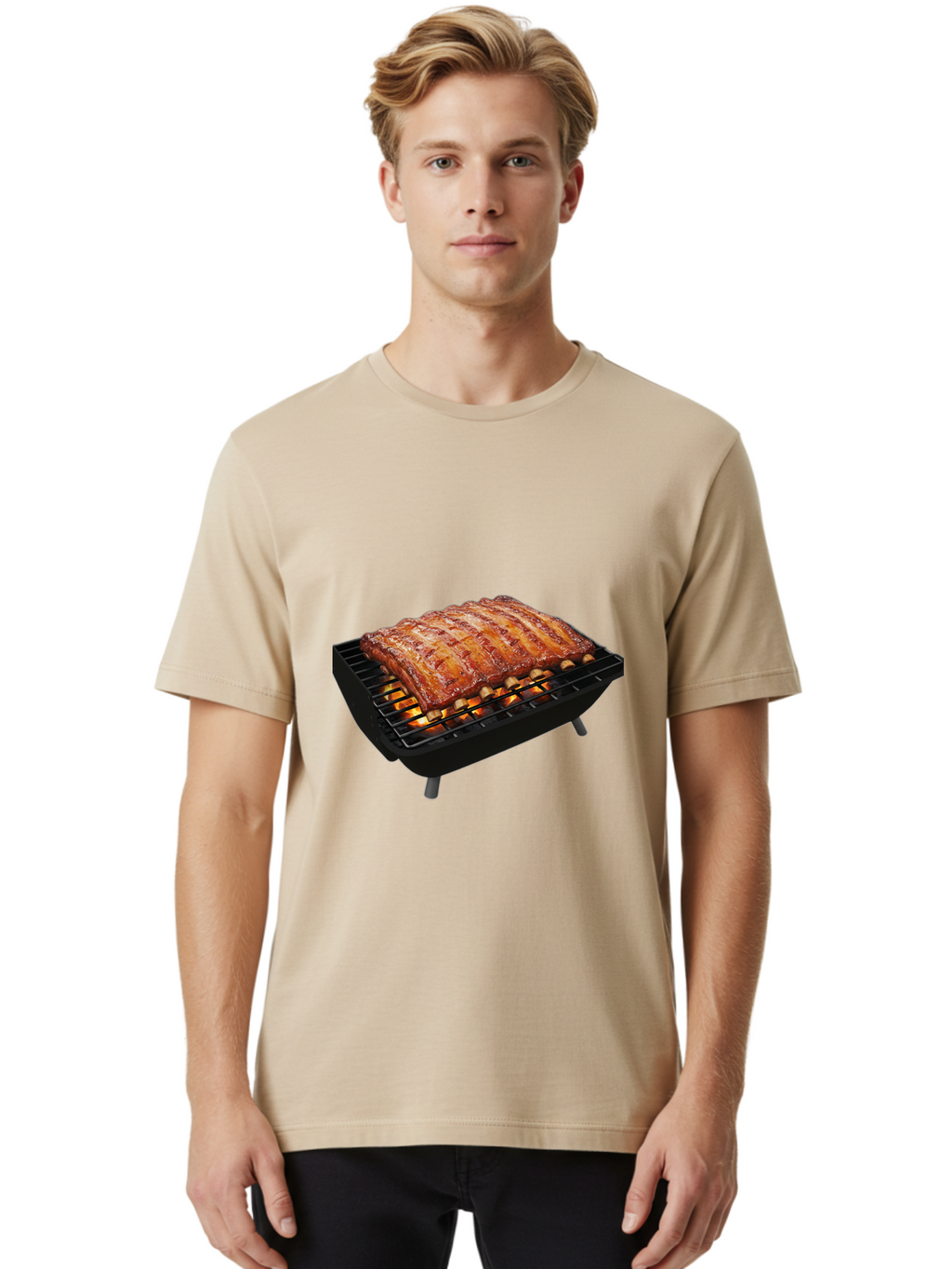Barbecue-Ribs Men'S Graphic Tee, 100% Cotton, Comfortable Casual Summer Wear, Machine Washable, Barbecue Ribs, Grilled Meat, Barbecue Sauce, Outdoor Cooking, Flame Grilled, Gourmet Food, Delicious Ribs, Tender Meat Bab663
