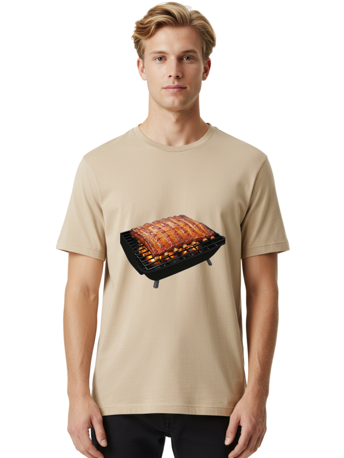 Barbecue-Ribs Men'S Graphic Tee, 100% Cotton, Comfortable Casual Summer Wear, Machine Washable, Barbecue Ribs, Grilled Meat, Barbecue Sauce, Outdoor Cooking, Flame Grilled, Gourmet Food, Delicious Ribs, Tender Meat Bab663
