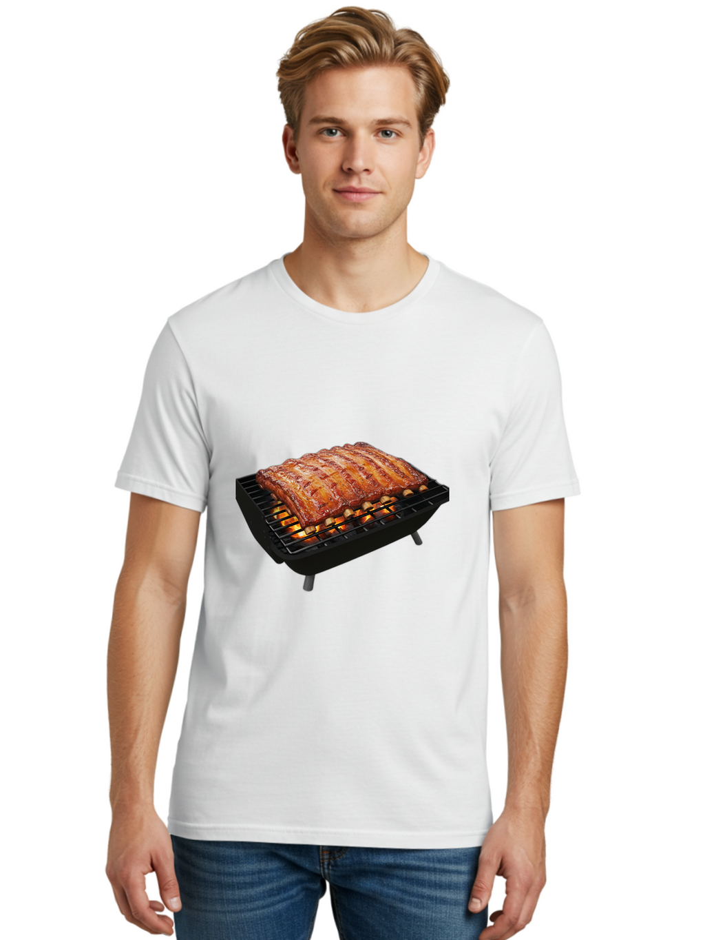 Barbecue-Ribs Men'S Graphic Tee, 100% Cotton, Comfortable Casual Summer Wear, Machine Washable, Barbecue Ribs, Grilled Meat, Barbecue Sauce, Outdoor Cooking, Flame Grilled, Gourmet Food, Delicious Ribs, Tender Meat Bab663