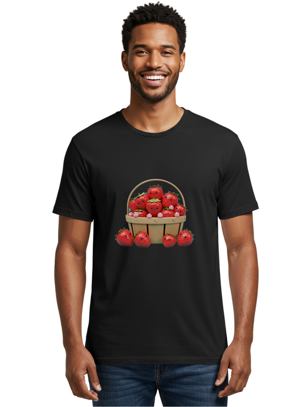 Basket-Of-Strawberries Men'S Graphic Tee, 100% Cotton, Comfortable Casual Summer Wear, Machine Washable, Strawberries With Smiley Faces, Basket Full Of Strawberries, Cartoon Strawberries, Adorable Fruit, Smiling Strawberries, Healthy Snack, Bab664