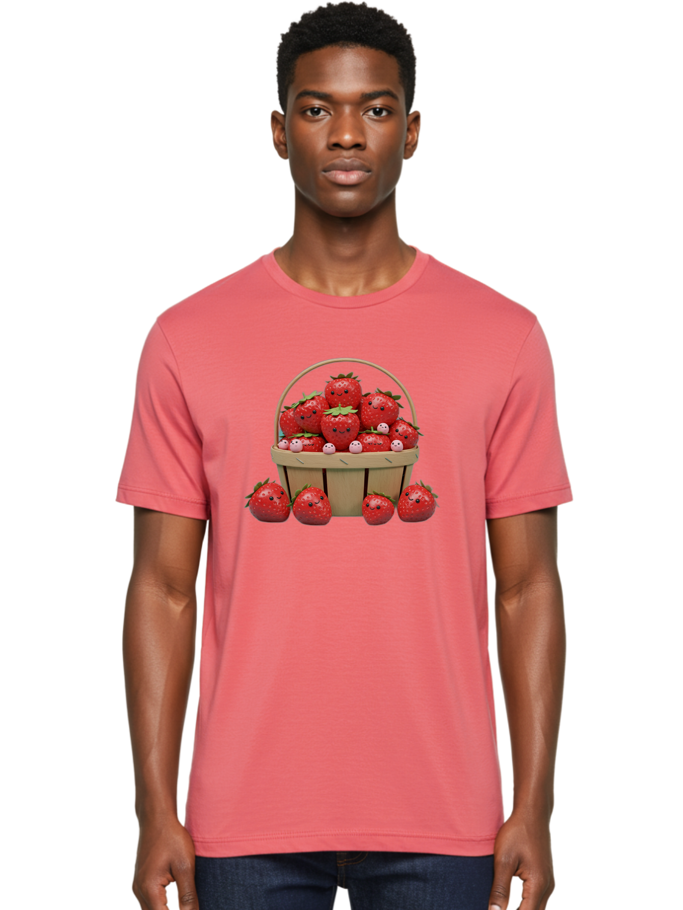 Basket-Of-Strawberries Men'S Graphic Tee, 100% Cotton, Comfortable Casual Summer Wear, Machine Washable, Strawberries With Smiley Faces, Basket Full Of Strawberries, Cartoon Strawberries, Adorable Fruit, Smiling Strawberries, Healthy Snack, Bab664