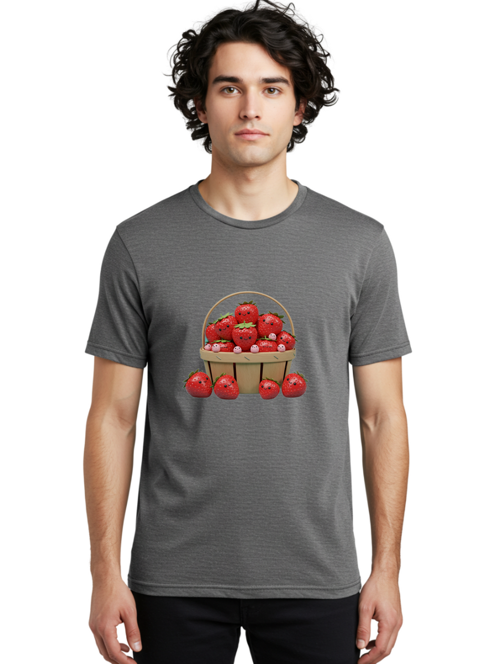 Basket-Of-Strawberries Men'S Graphic Tee, 100% Cotton, Comfortable Casual Summer Wear, Machine Washable, Strawberries With Smiley Faces, Basket Full Of Strawberries, Cartoon Strawberries, Adorable Fruit, Smiling Strawberries, Healthy Snack, Bab664