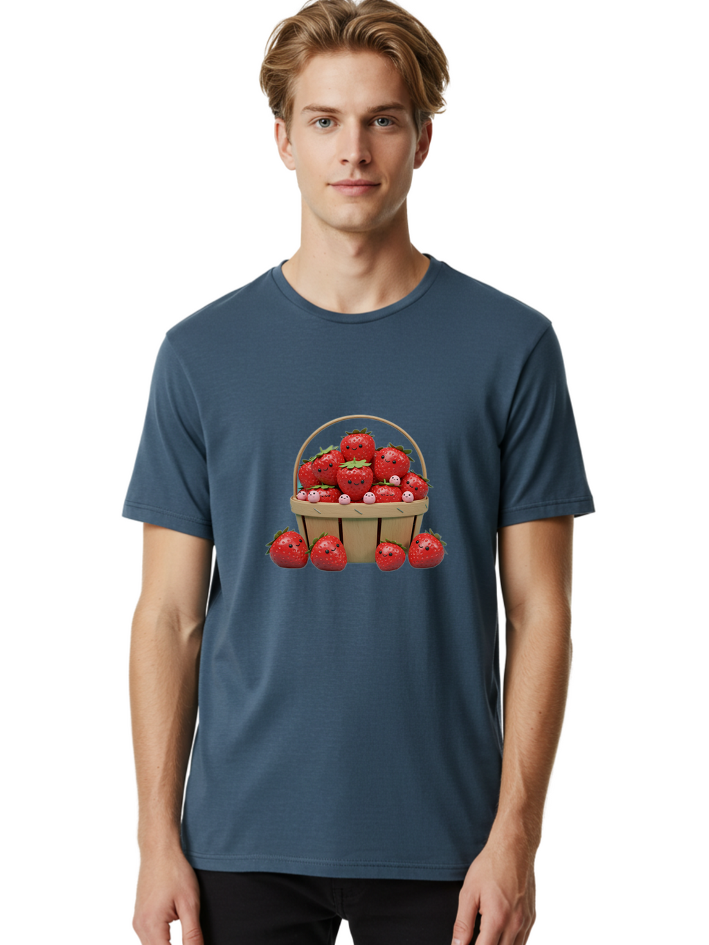 Basket-Of-Strawberries Men'S Graphic Tee, 100% Cotton, Comfortable Casual Summer Wear, Machine Washable, Strawberries With Smiley Faces, Basket Full Of Strawberries, Cartoon Strawberries, Adorable Fruit, Smiling Strawberries, Healthy Snack, Bab664