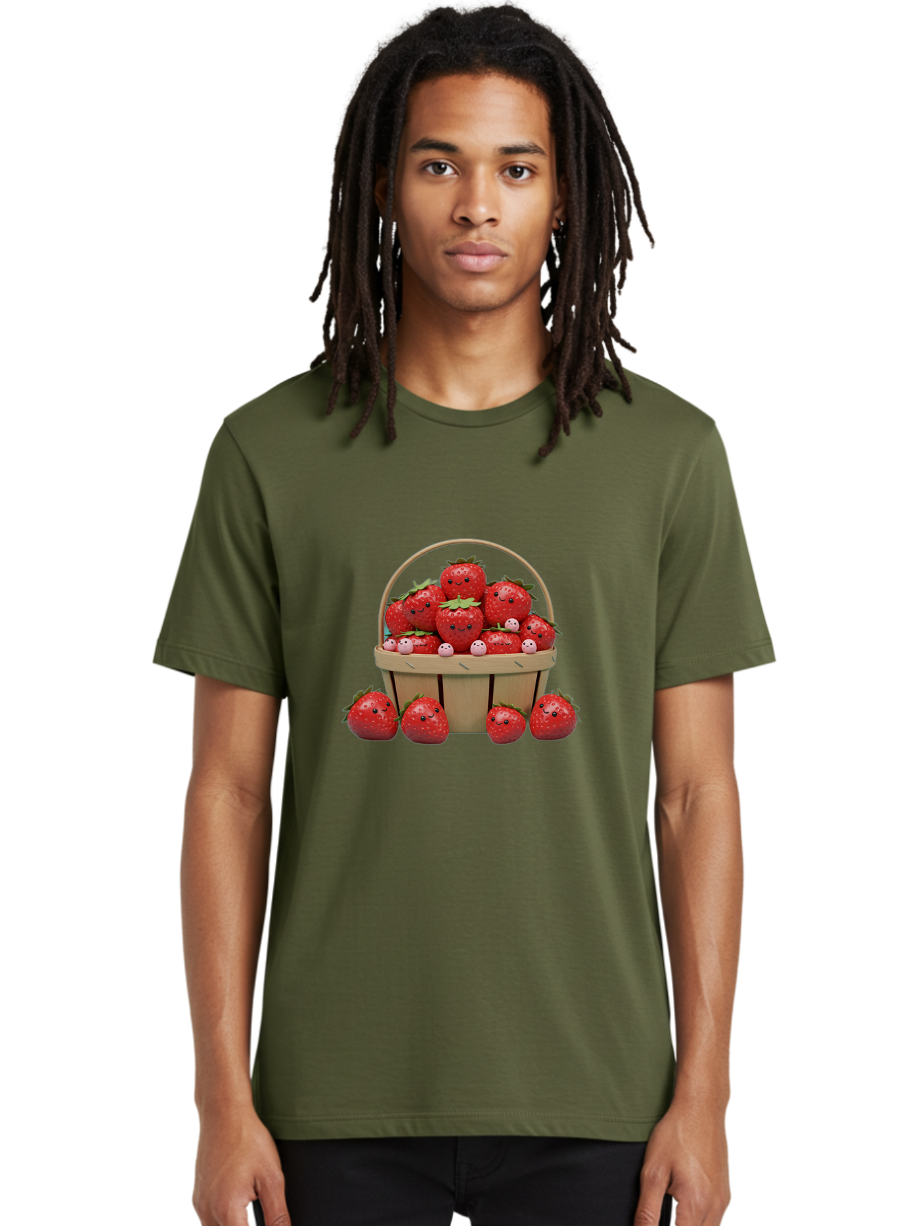 Basket-Of-Strawberries Men'S Graphic Tee, 100% Cotton, Comfortable Casual Summer Wear, Machine Washable, Strawberries With Smiley Faces, Basket Full Of Strawberries, Cartoon Strawberries, Adorable Fruit, Smiling Strawberries, Healthy Snack, Bab664