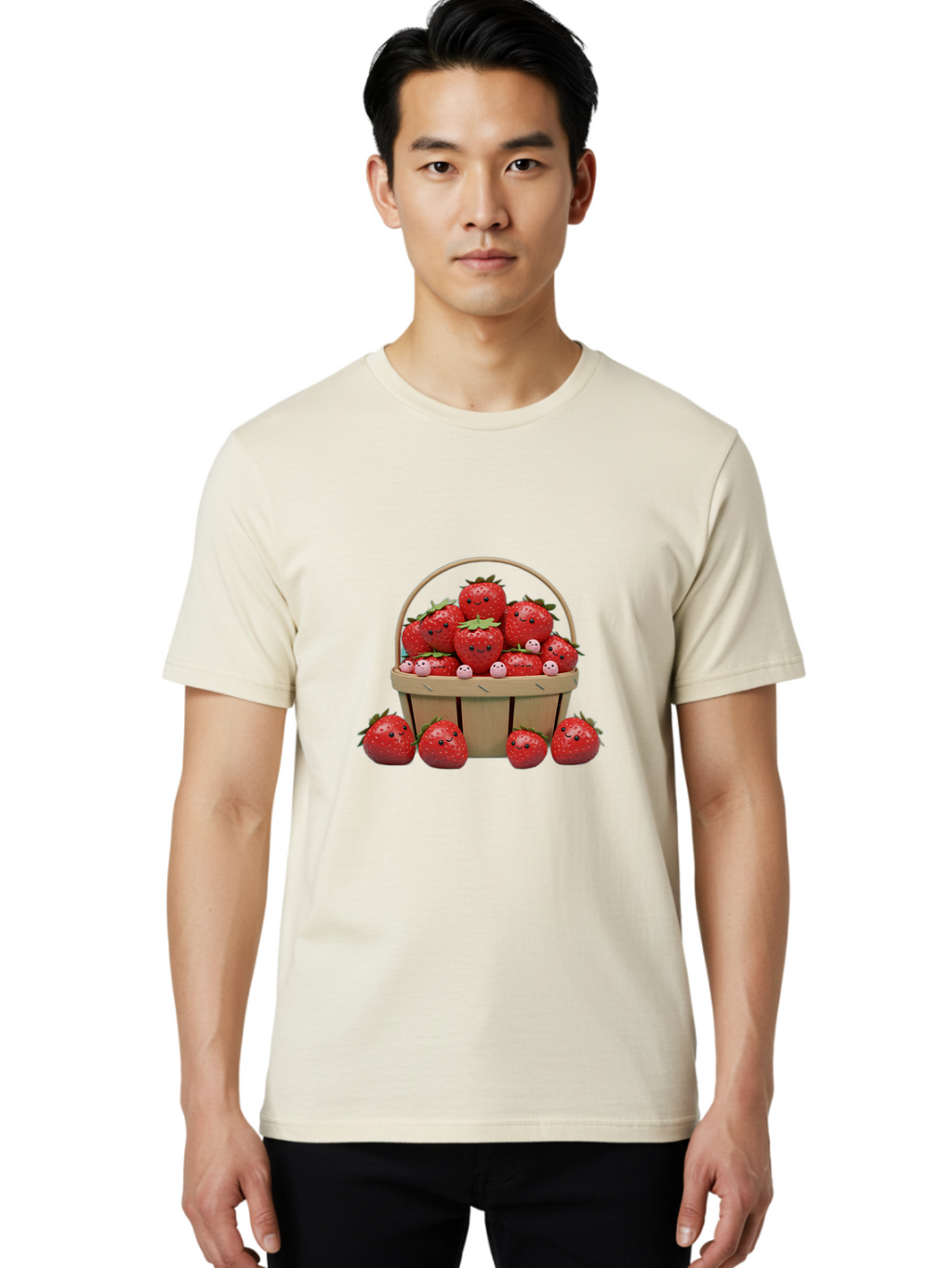 Basket-Of-Strawberries Men'S Graphic Tee, 100% Cotton, Comfortable Casual Summer Wear, Machine Washable, Strawberries With Smiley Faces, Basket Full Of Strawberries, Cartoon Strawberries, Adorable Fruit, Smiling Strawberries, Healthy Snack, Bab664