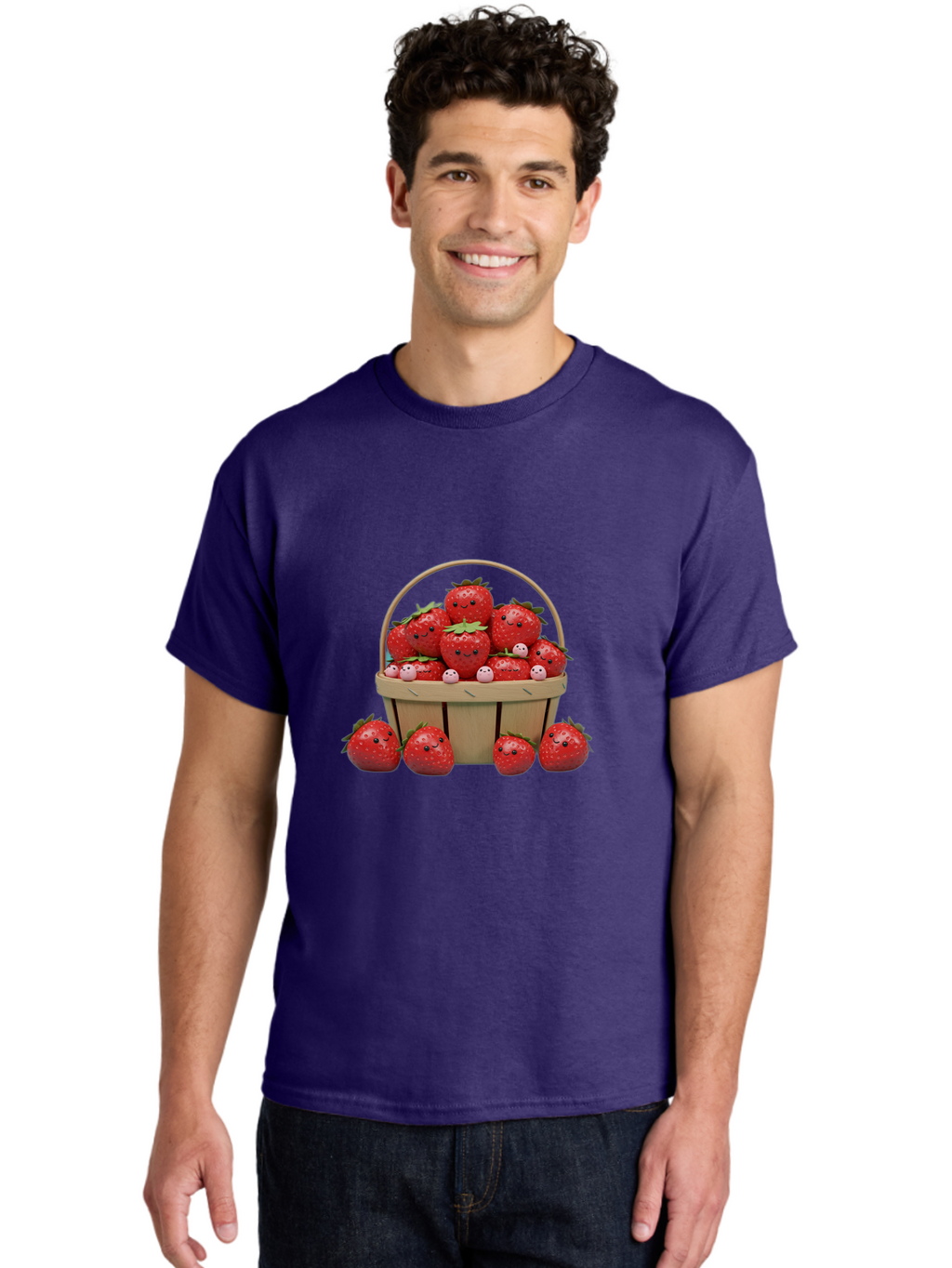 Basket-Of-Strawberries Men'S Graphic Tee, 100% Cotton, Comfortable Casual Summer Wear, Machine Washable, Strawberries With Smiley Faces, Basket Full Of Strawberries, Cartoon Strawberries, Adorable Fruit, Smiling Strawberries, Healthy Snack, Bab664