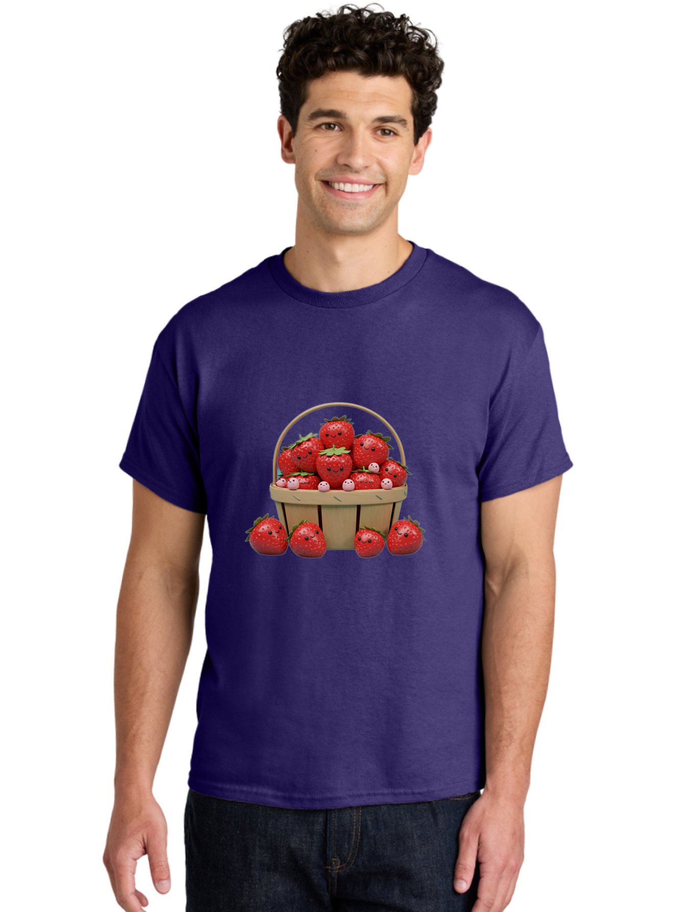 Basket-Of-Strawberries Men'S Graphic Tee, 100% Cotton, Comfortable Casual Summer Wear, Machine Washable, Strawberries With Smiley Faces, Basket Full Of Strawberries, Cartoon Strawberries, Adorable Fruit, Smiling Strawberries, Healthy Snack, Bab664
