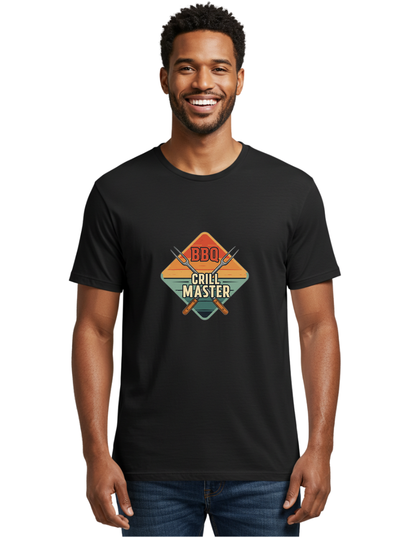Bbq-Crill-Master Men'S Graphic Tee, 100% Cotton, Comfortable Casual Summer Wear, Machine Washable, Bbq Logo, Grill Master Symbol, Barbecue Emblem, Outdoor Cooking, Grill Utensils, Skewers, Cooking Tools, Wooden Handles, Diamond Shape Design Bab665